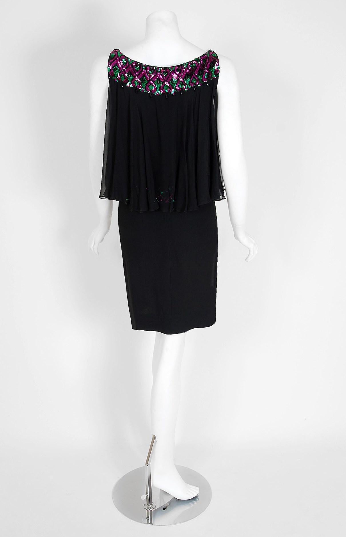 Vintage 1960's Maisonette Couture Sequin Beaded Black Silk-Chiffon Mod Dress 1