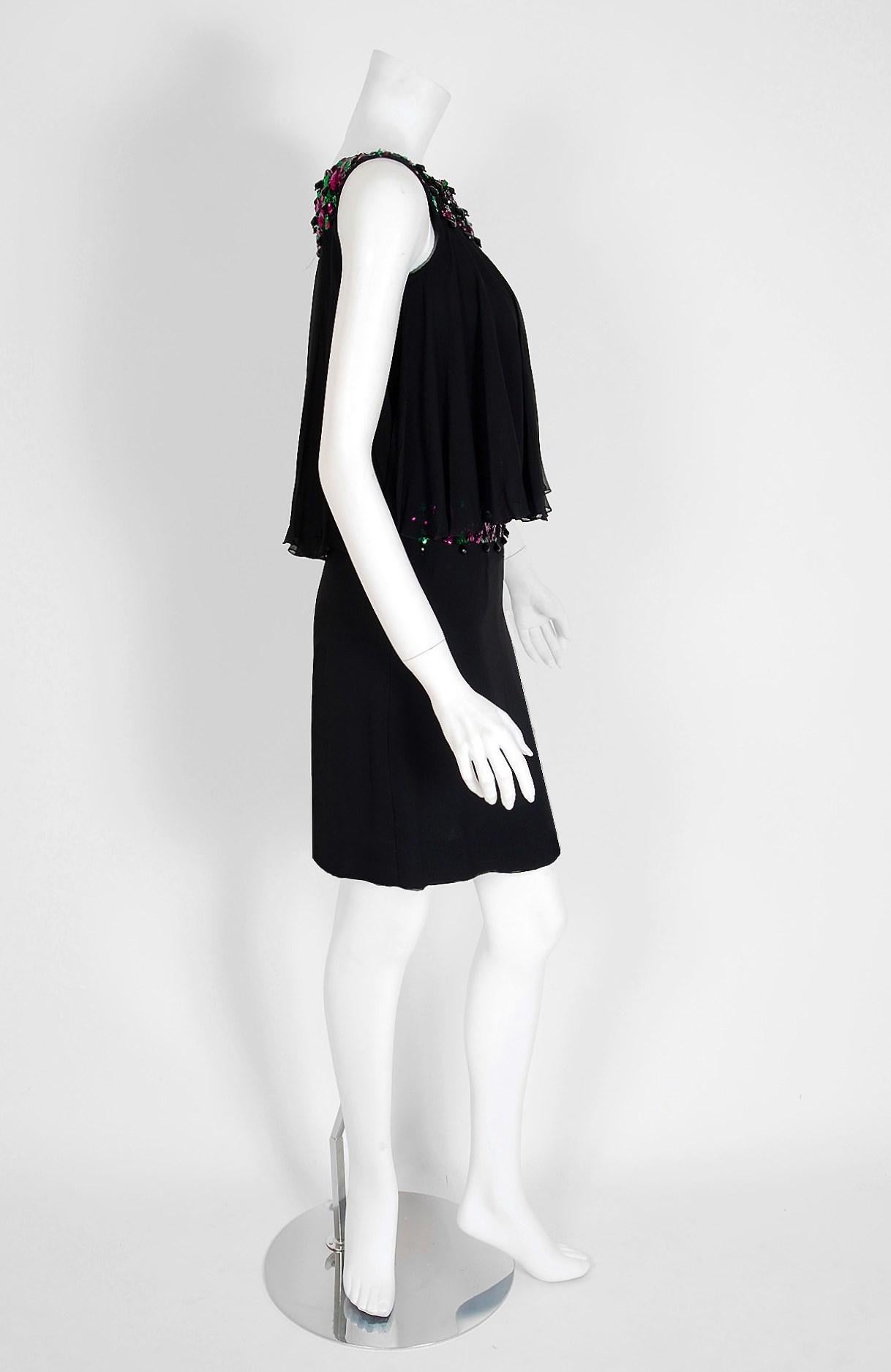 Women's Vintage 1960's Maisonette Couture Sequin Beaded Black Silk-Chiffon Mod Dress