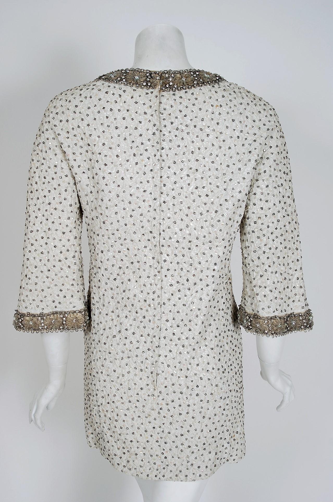 1960's Nettie Milgrim Beaded Rhinestone Ivory Silk-Brocade Mini Cocktail Dress 1