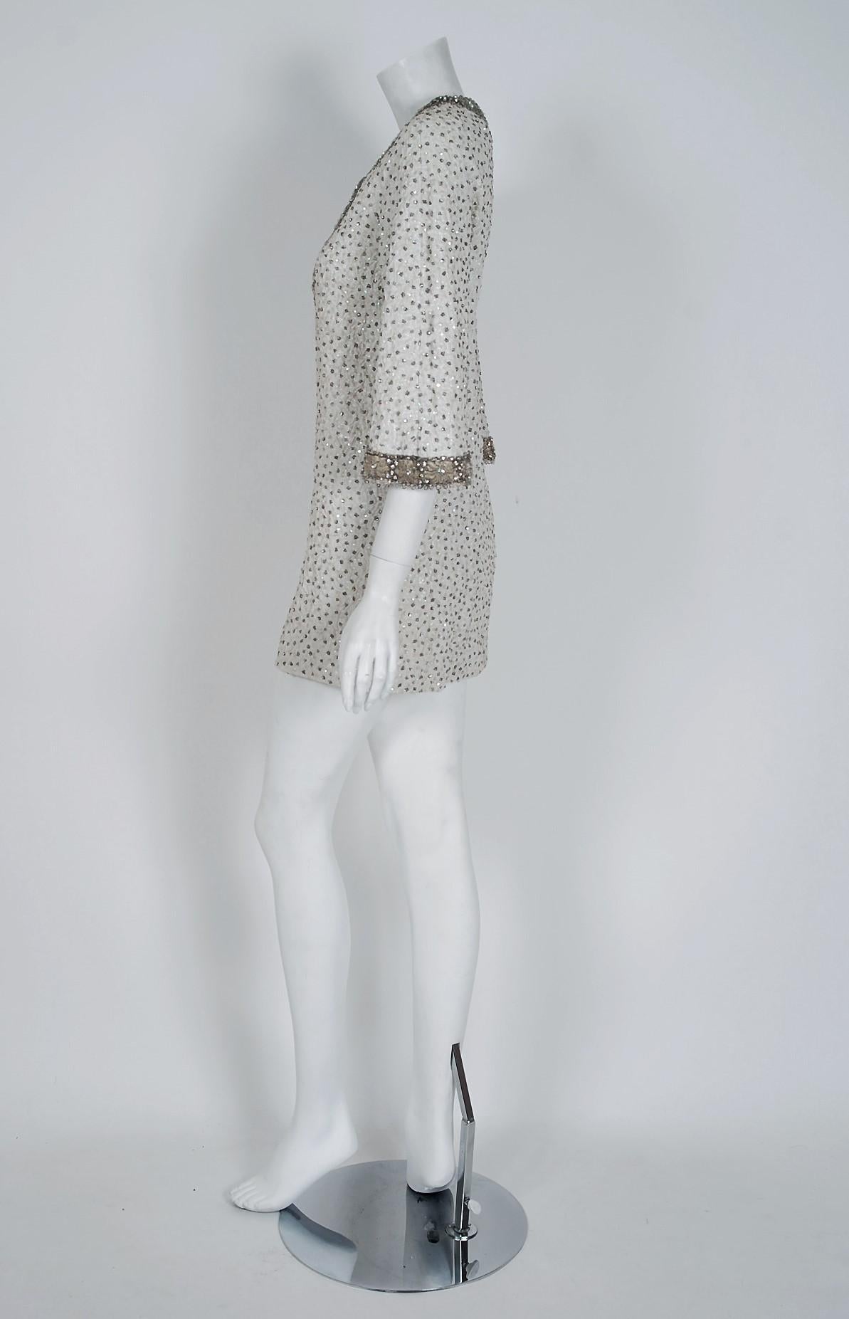 Women's 1960's Nettie Milgrim Beaded Rhinestone Ivory Silk-Brocade Mini Cocktail Dress