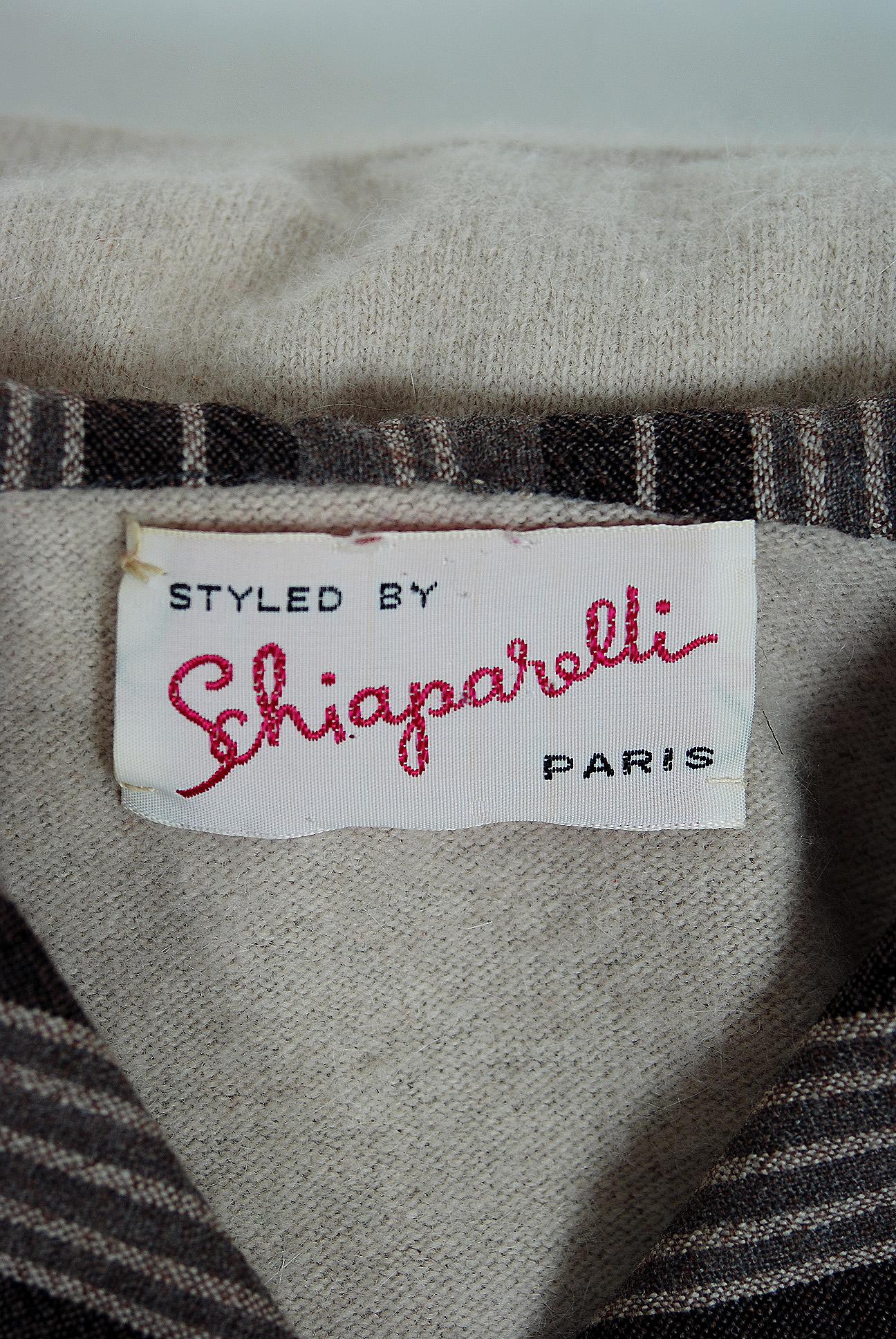 Vintage 1950's Schiaparelli Beige Cashmere and Striped Wool Sweater Skirt Set In Good Condition In Beverly Hills, CA