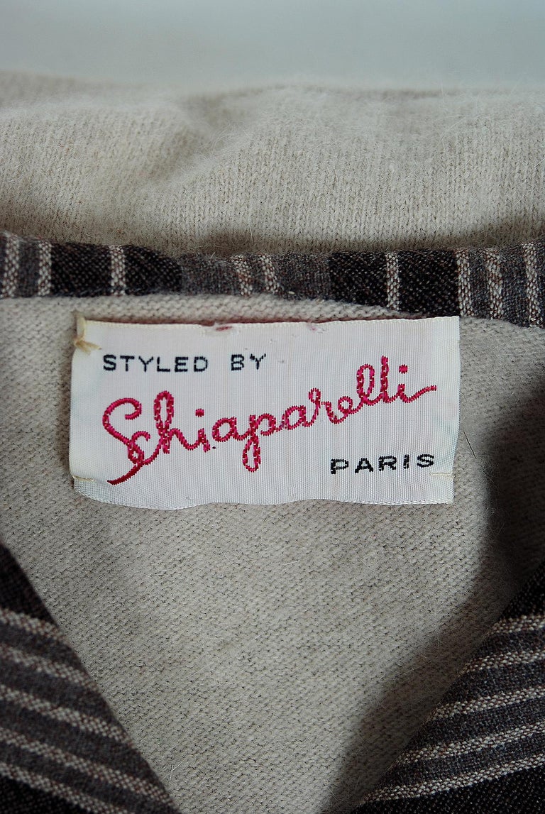 1950's Schiaparelli Beige Cashmere and Striped Wool Sailor-Flap Sweater ...