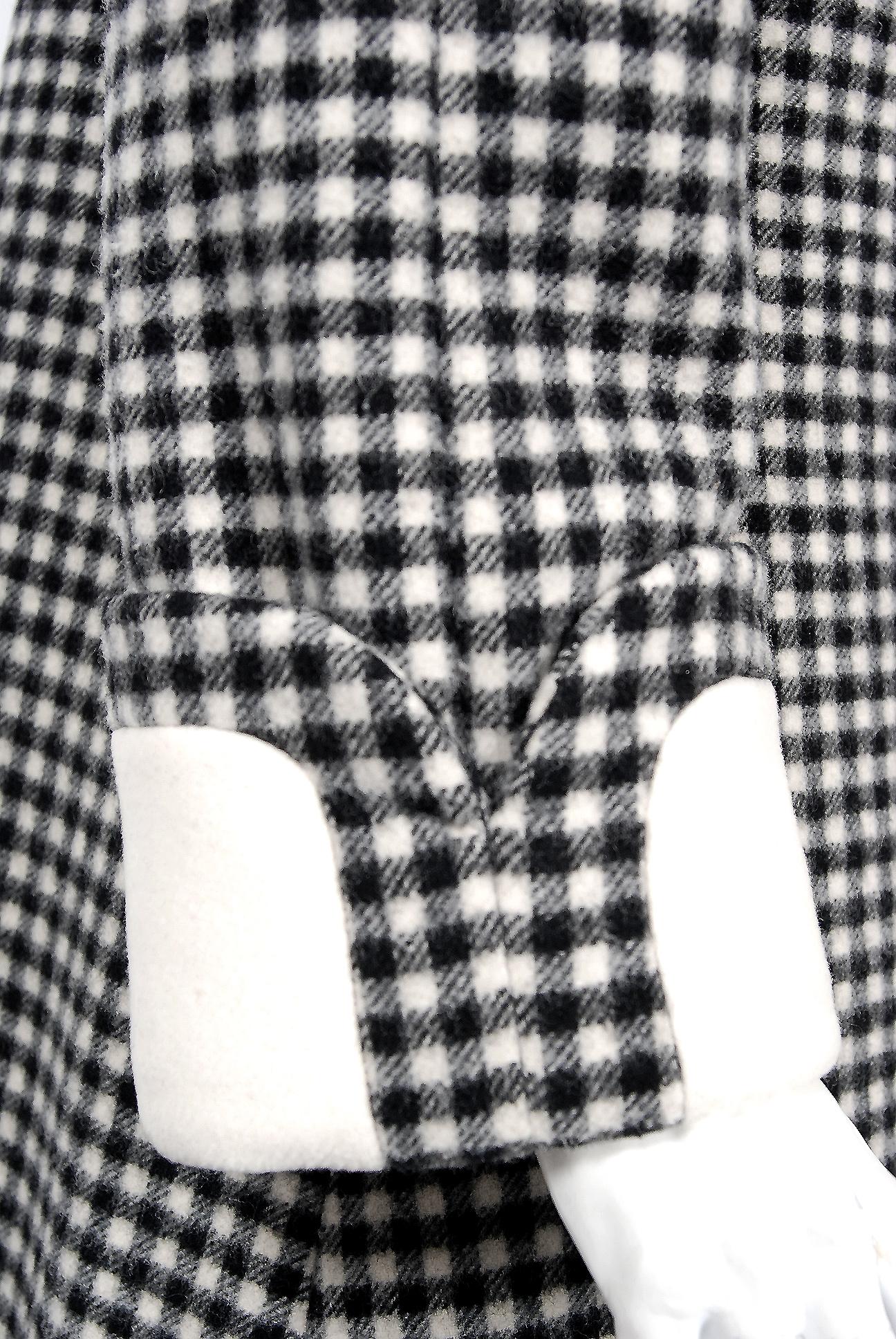 Black Vintage 1972 Geoffrey Beene Documented Checkered Wool Double-Breasted Mod Coat For Sale