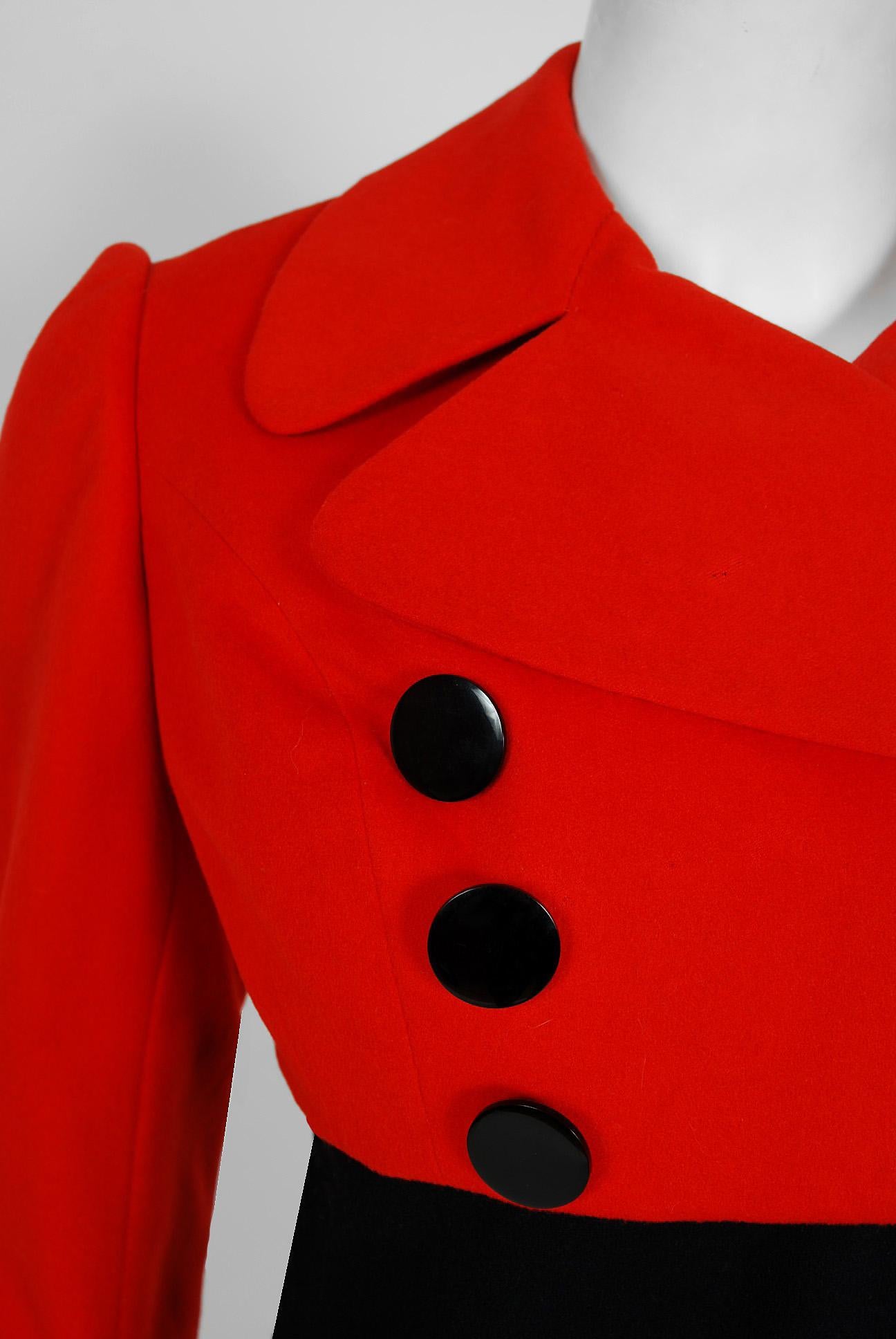 1957 Traina-Norell Red Black Wool Cropped Double-Breasted Jacket & Dress Suit In Good Condition In Beverly Hills, CA