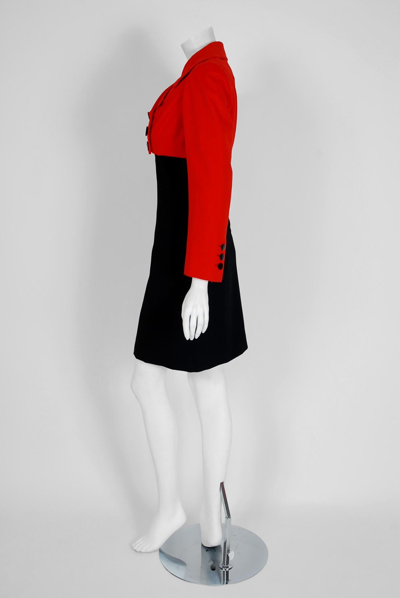 Women's 1957 Traina-Norell Red Black Wool Cropped Double-Breasted Jacket & Dress Suit