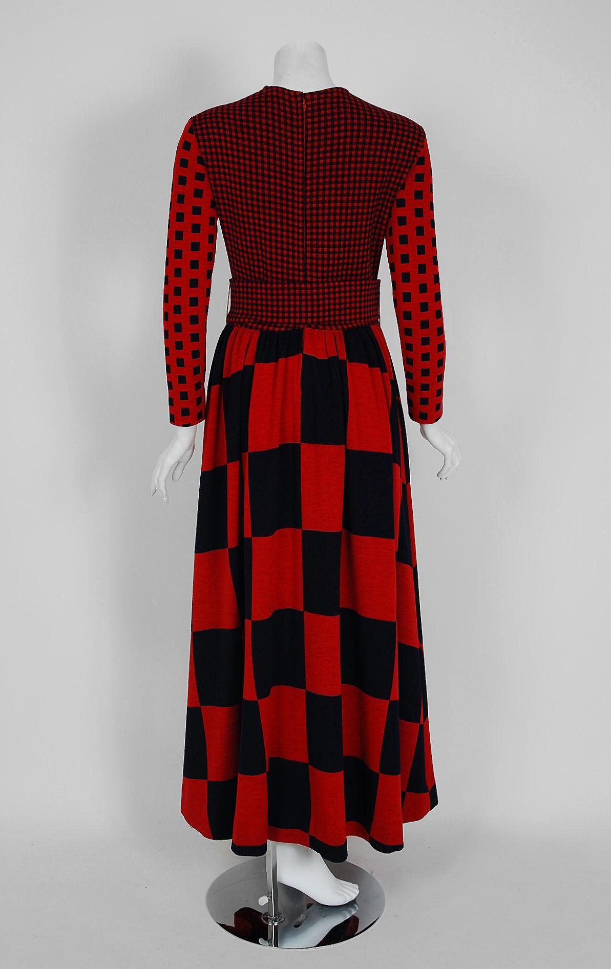 1971 Rudi Gernreich Documented Red Black Op-Art Wool Knit Belted Maxi Dress  2