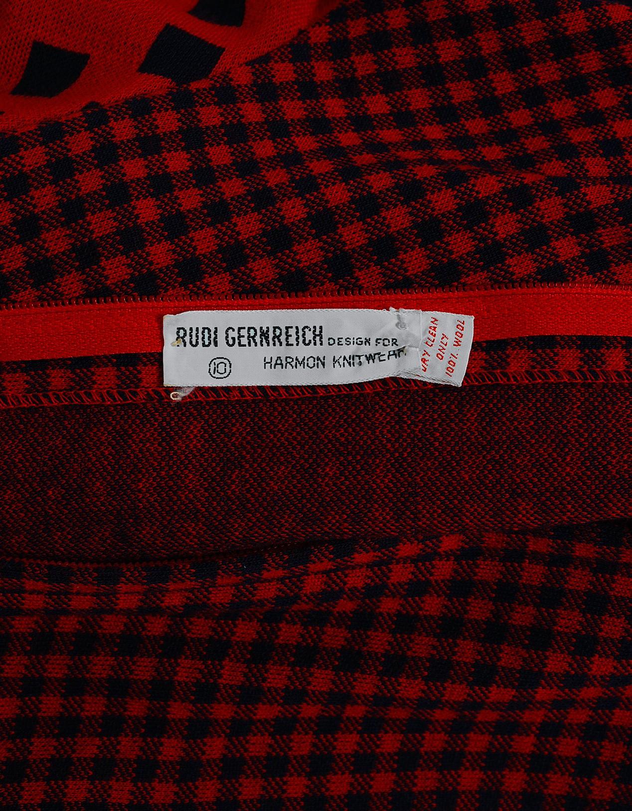 1971 Rudi Gernreich Documented Red Black Op-Art Wool Knit Belted Maxi Dress  3