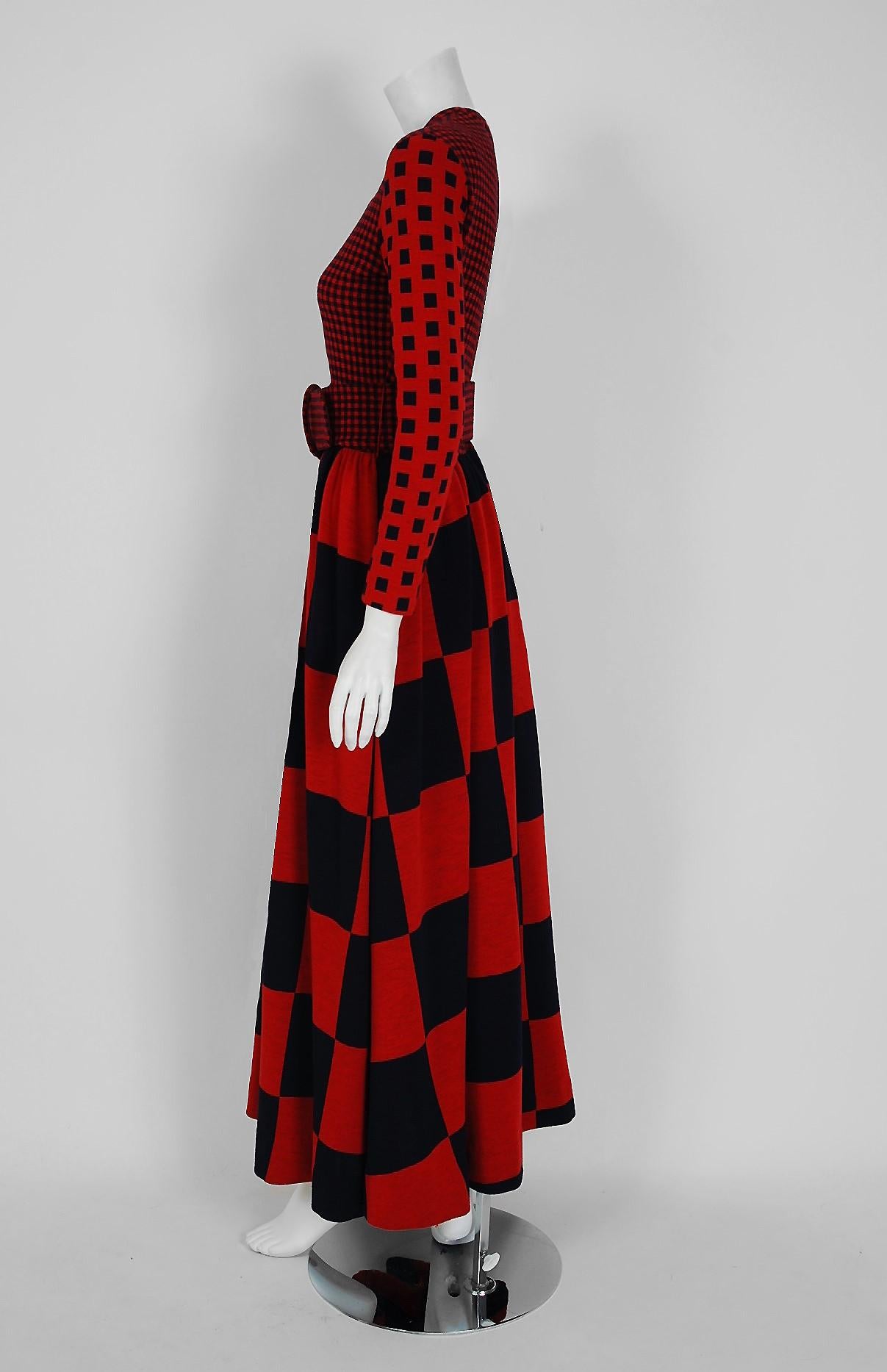 1971 Rudi Gernreich Documented Red Black Op-Art Wool Knit Belted Maxi Dress  1