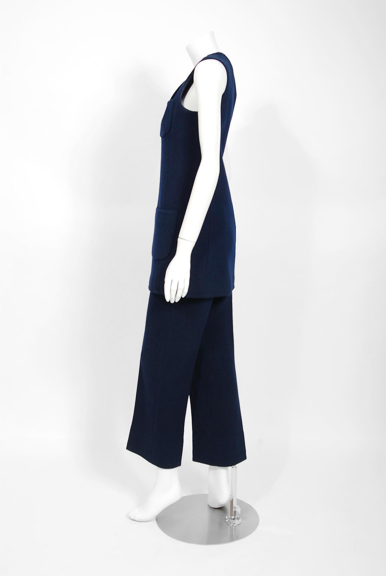 Women's 1968 Calvin Klein Navy-Blue Wool Mod Pockets Sleeveless Tunic & Pants Ensemble 
