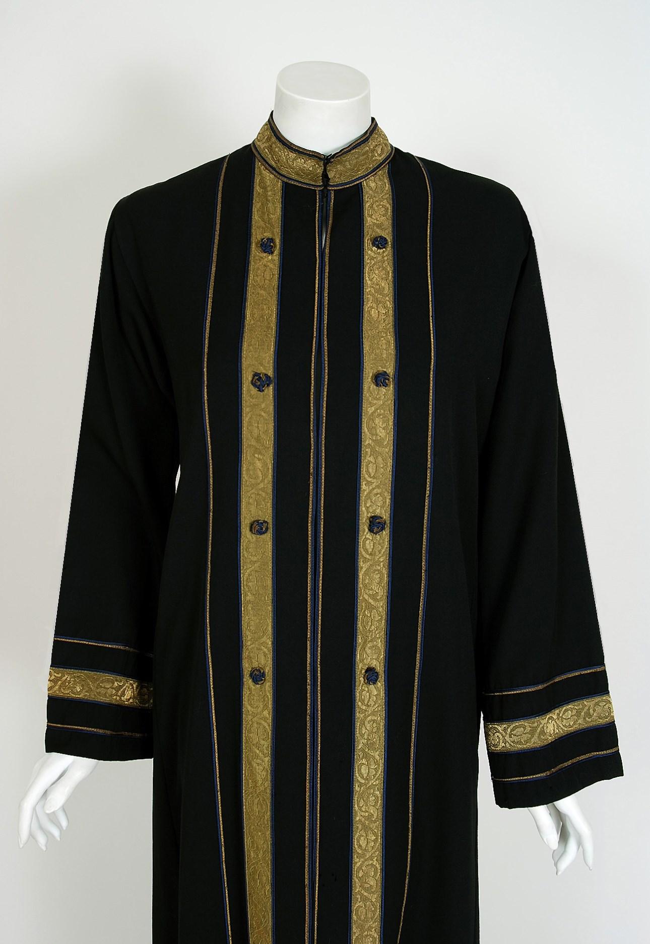 Black 1970 Thea Porter Couture Cotton-Twill & Metallic Gold Lame Bohemian Maxi Jacket