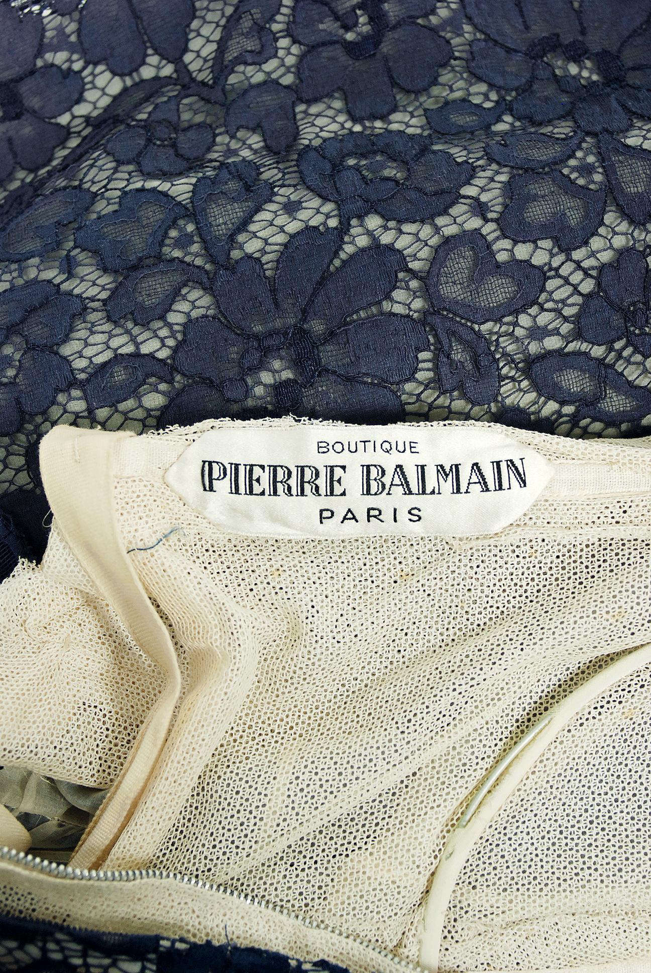 Vintage 1950s Pierre Balmain Couture Navy Lace Illusion Strapless Dress & Jacket In Good Condition For Sale In Beverly Hills, CA