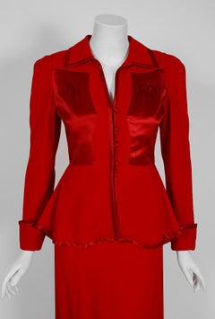 Vintage 1975 Ossie Clark Red Moss-Crepe & Satin Deco Peplum Jacket w/ Maxi Skirt