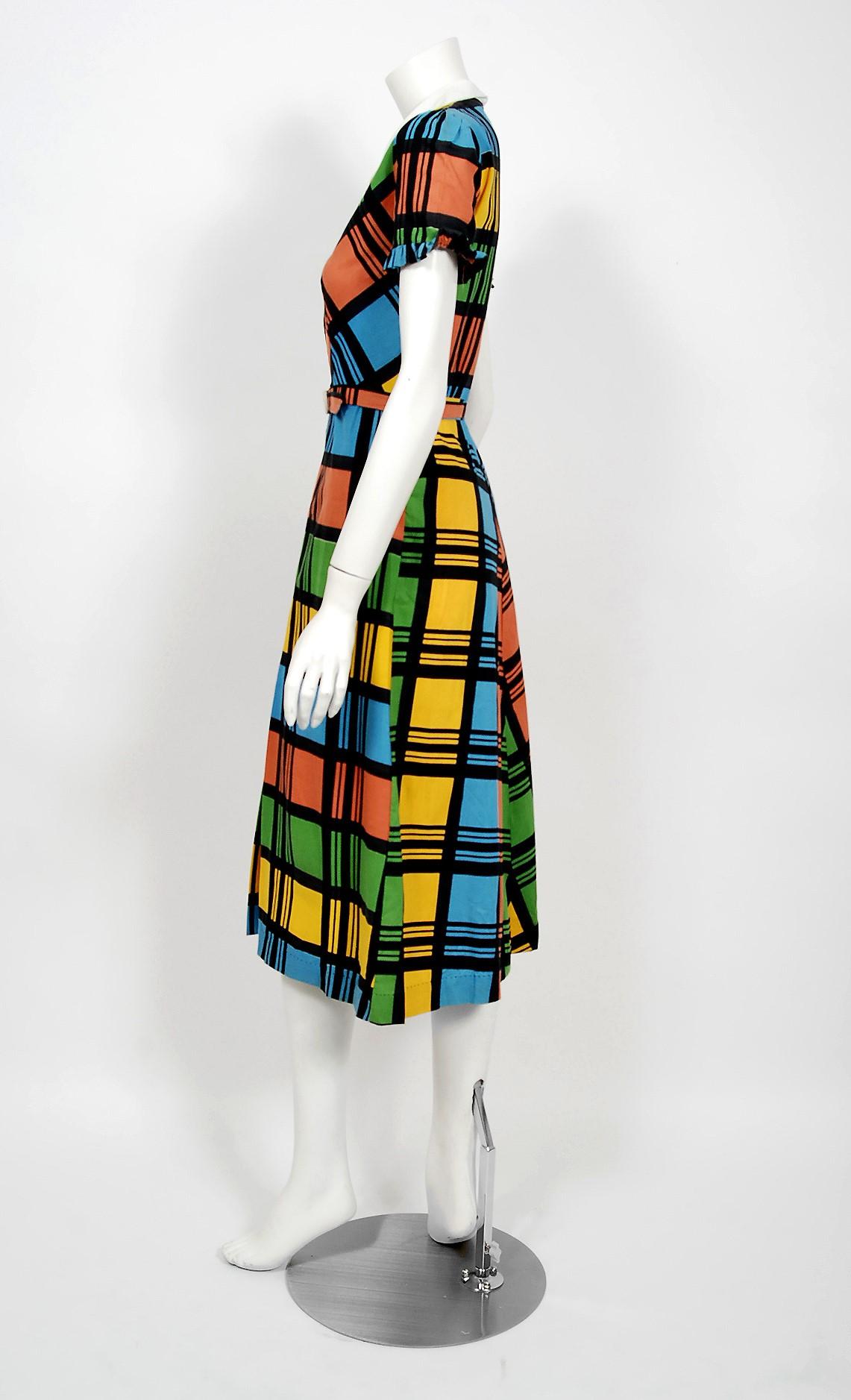 1940's Rainbow Plaid Print Cotton Button-Down Belted Swing Dress w/ Tags  Damen