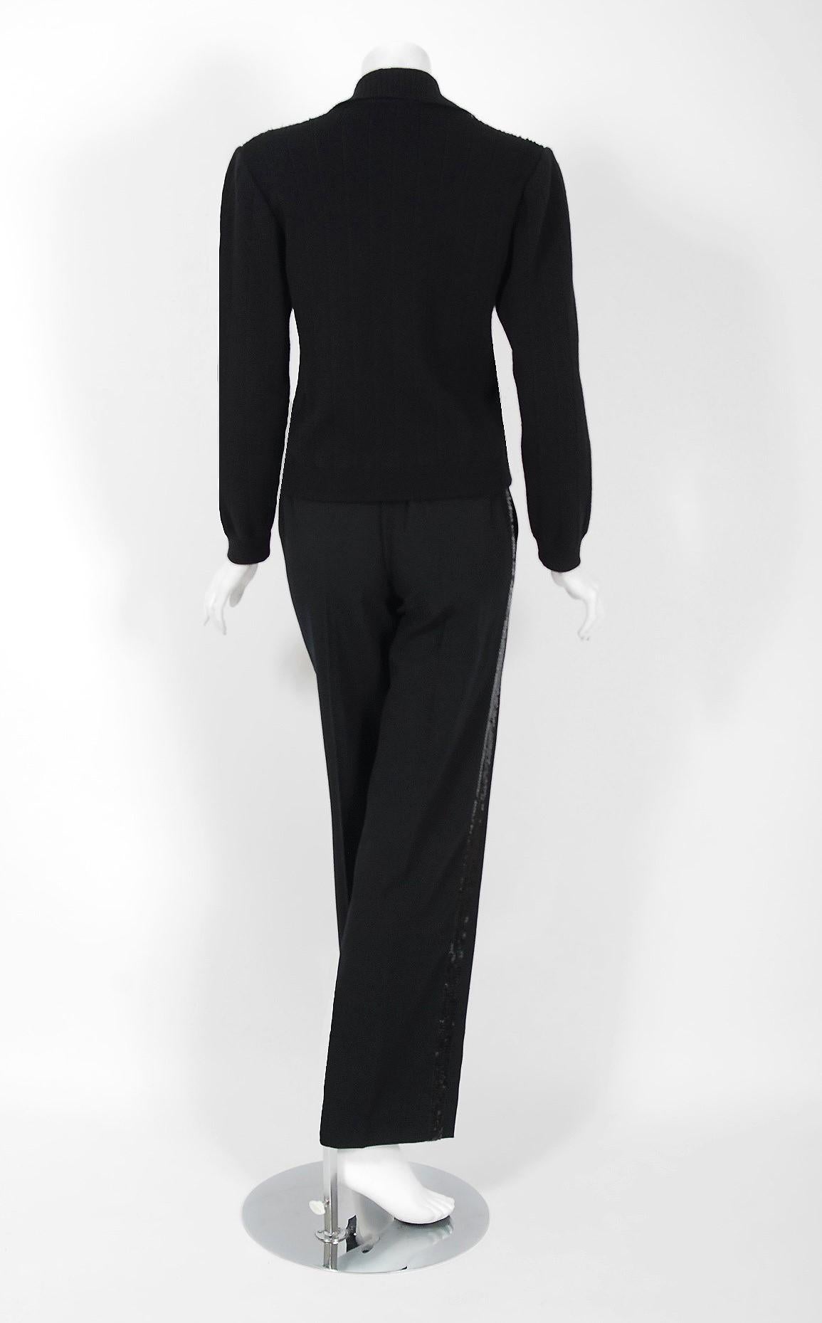 Vintage 1974 Yves Saint Laurent Sequin Black Wool Jumper Le Smoking Trousers Suit For Sale 3