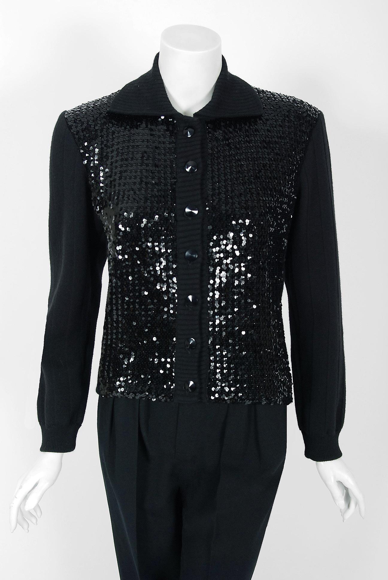 Vintage 1974 Yves Saint Laurent Sequin Black Wool Jumper Le Smoking Trousers Suit In Good Condition For Sale In Beverly Hills, CA