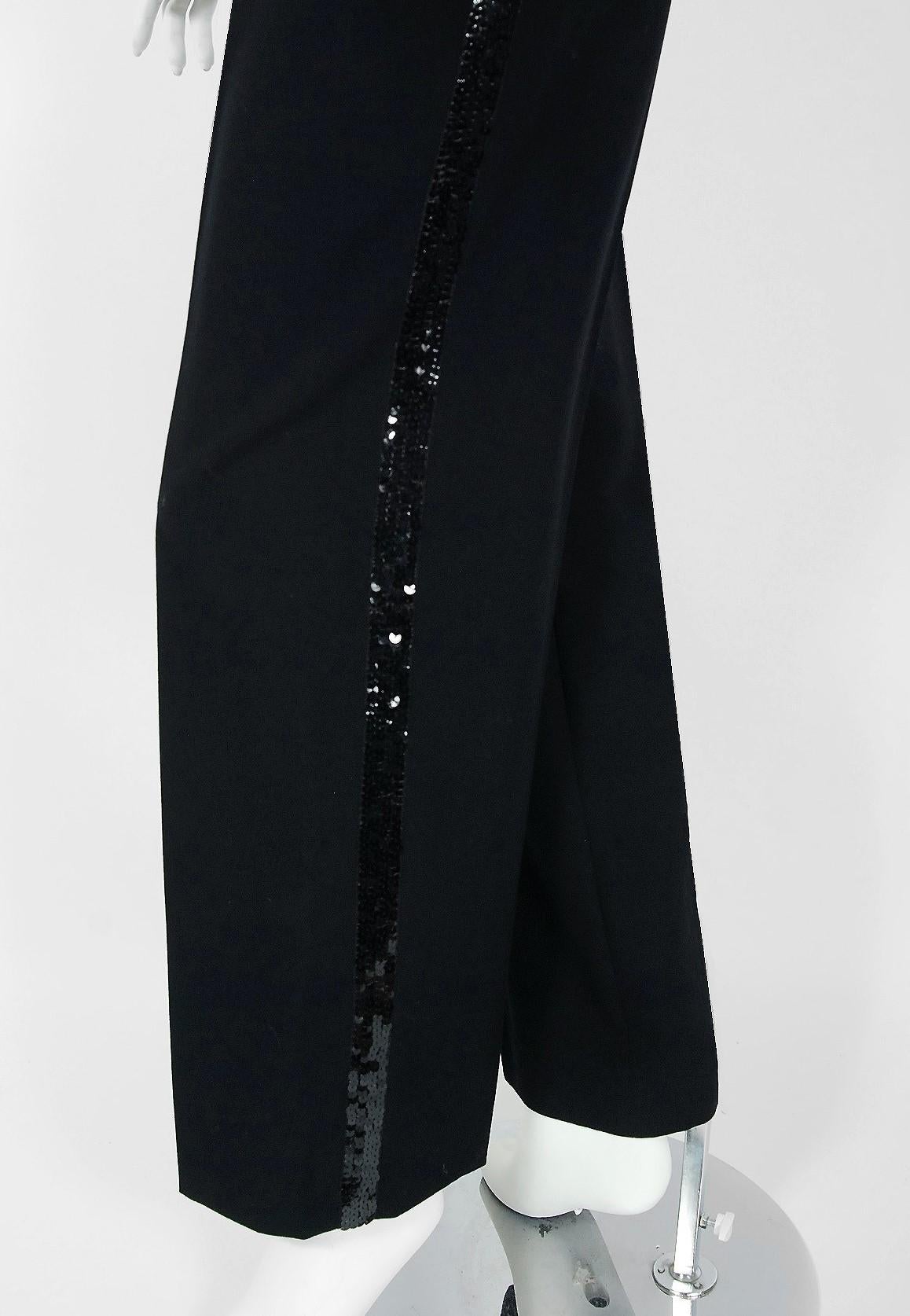 Vintage 1974 Yves Saint Laurent Sequin Black Wool Jumper Le Smoking Trousers Suit For Sale 2