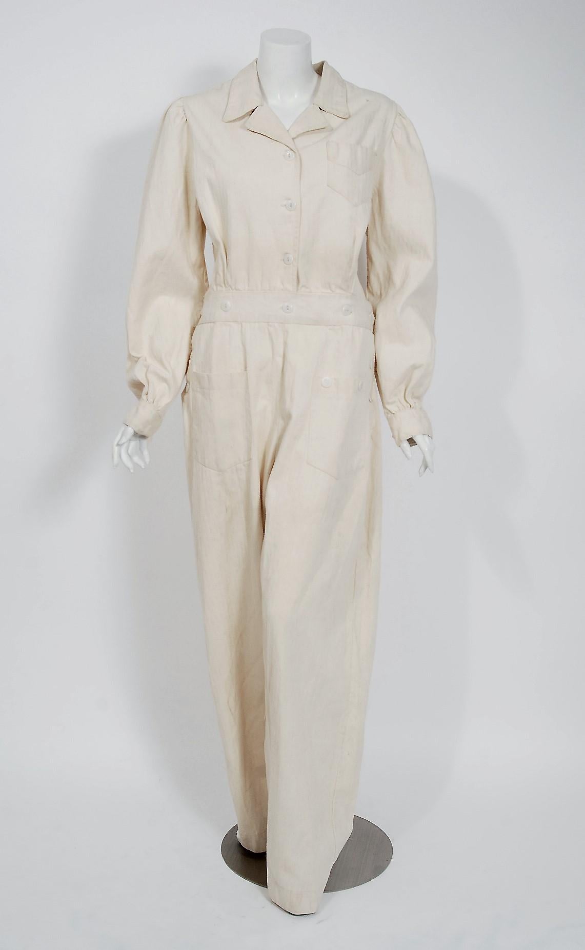 Ultra rare 1940's ecru cotton-twill workwear jumpsuit by the American company 