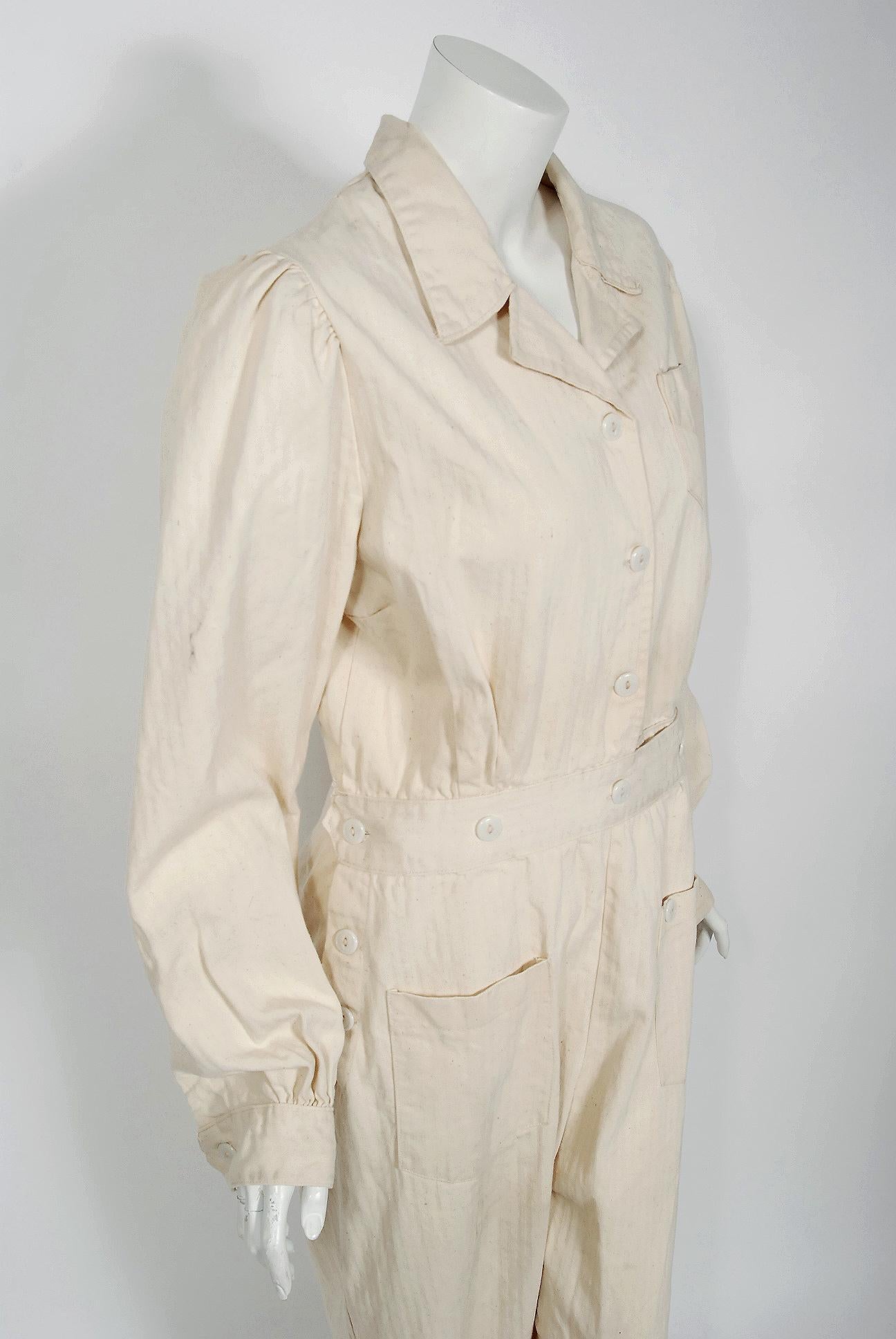 Beige 1940's Frontliner Cotton Twill 'Rosie The Riviter' Workwear Uniform Jumpsuit