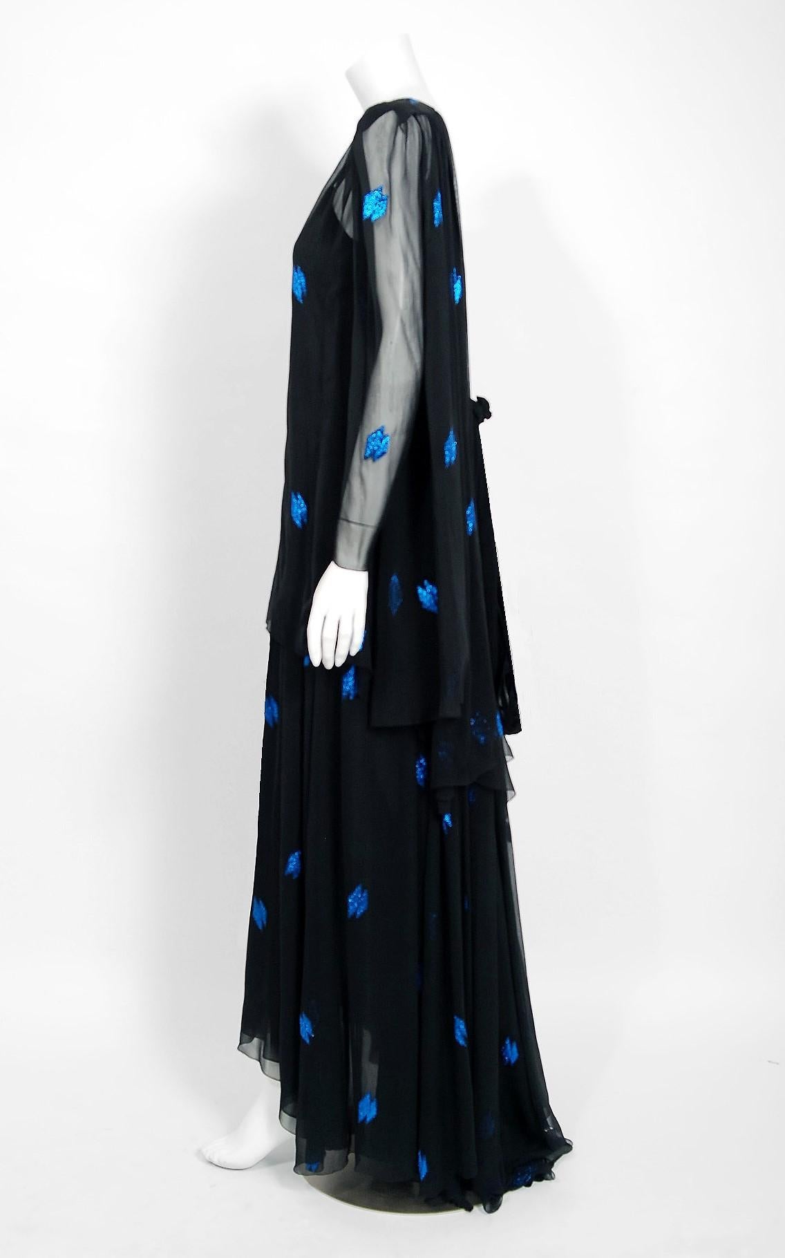 Vintage 1972 Christian Dior Metallic Black & Blue Silk Backless Draped Gown 1