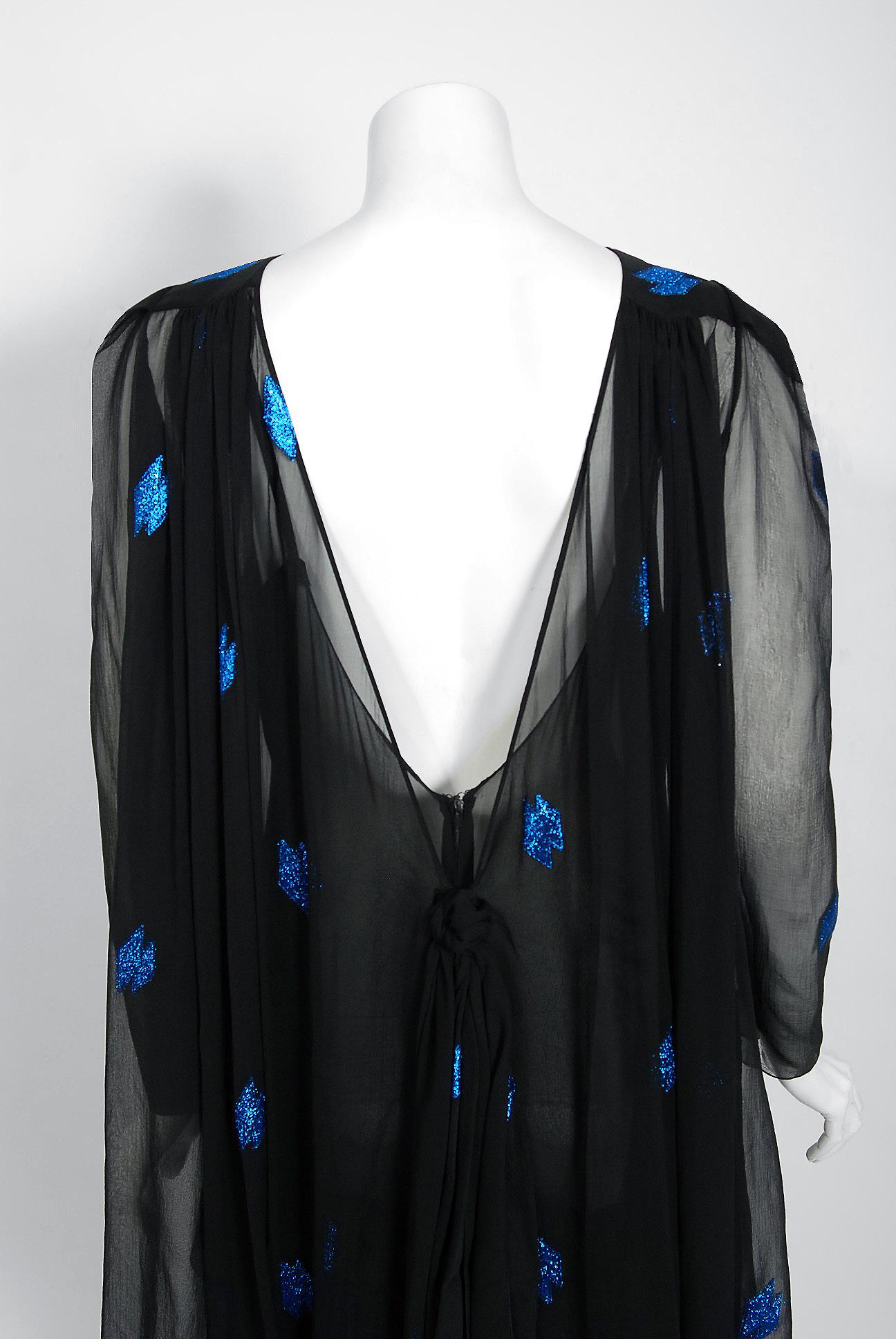Vintage 1972 Christian Dior Metallic Black & Blue Silk Backless Draped Gown 2