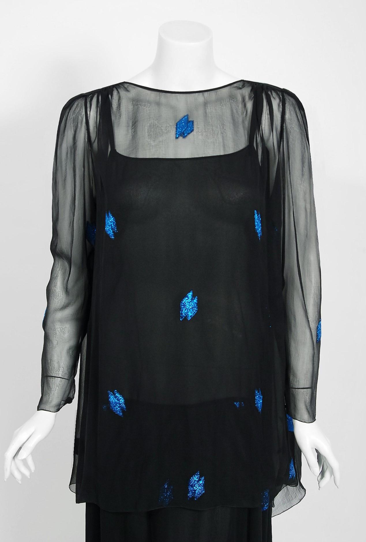 Vintage 1972 Christian Dior Metallic Black & Blue Silk Backless Draped Gown In Good Condition In Beverly Hills, CA