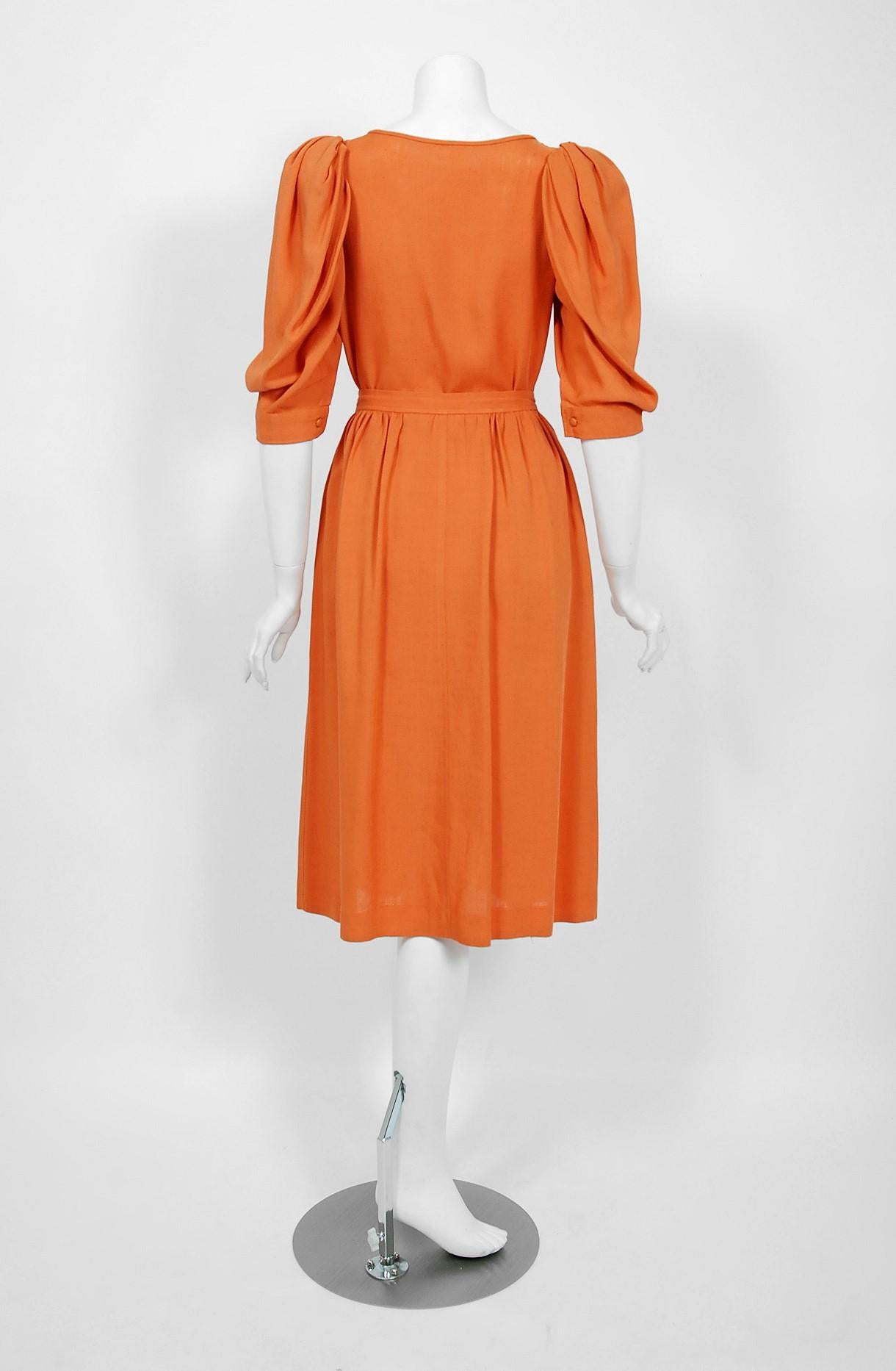 1978 Yves Saint Laurent Orange Linen Puff-Sleeve Blouse & Button Down Skirt Set 2