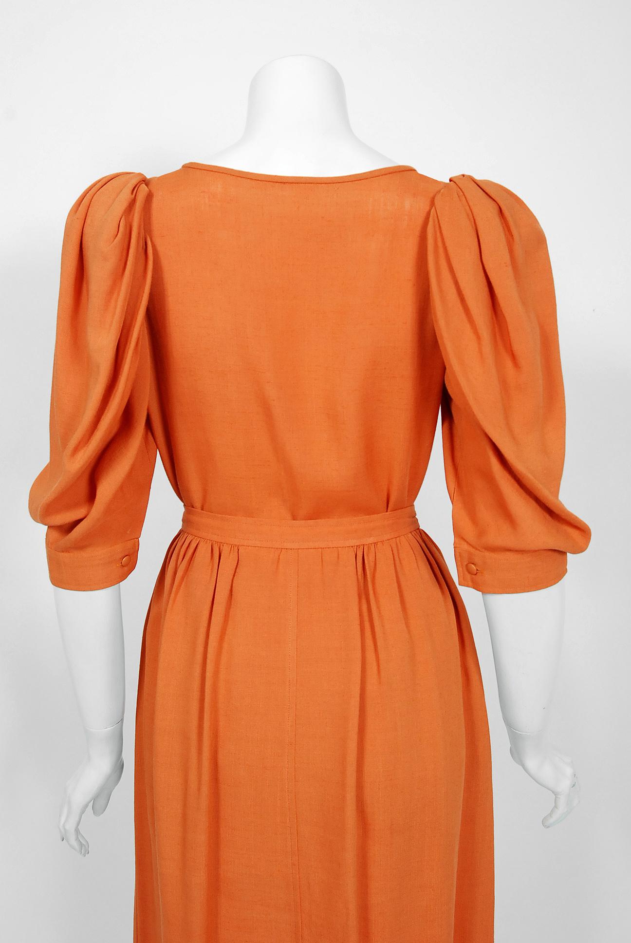 1978 Yves Saint Laurent Orange Linen Puff-Sleeve Blouse & Button Down Skirt Set 3