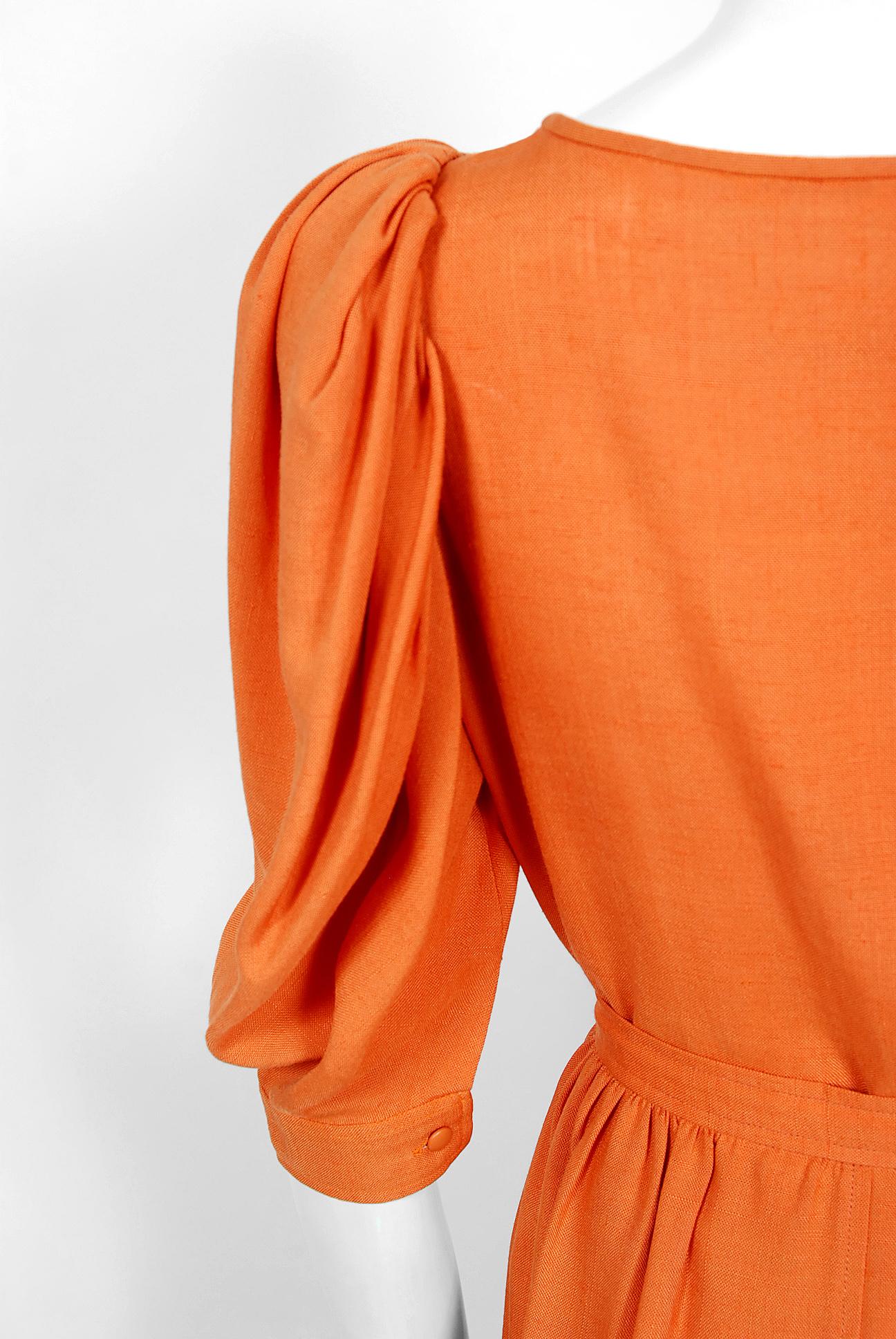 1978 Yves Saint Laurent Orange Linen Puff-Sleeve Blouse & Button Down Skirt Set 4