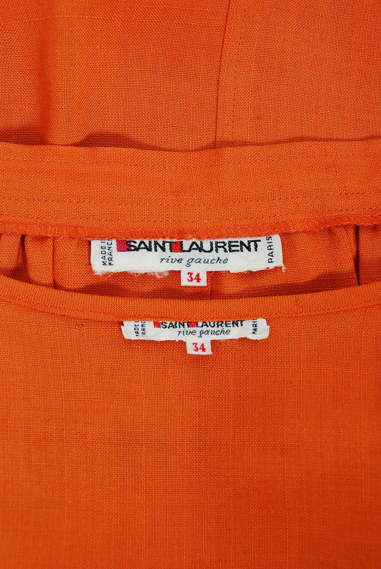 1978 Yves Saint Laurent Orange Linen Puff-Sleeve Blouse & Button Down Skirt Set 5