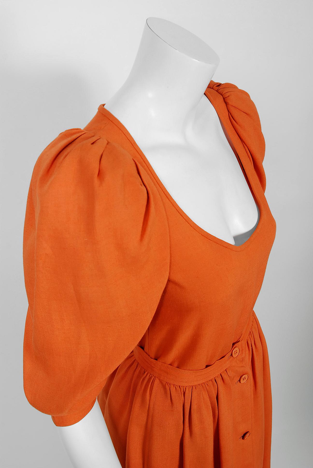 Women's 1978 Yves Saint Laurent Orange Linen Puff-Sleeve Blouse & Button Down Skirt Set