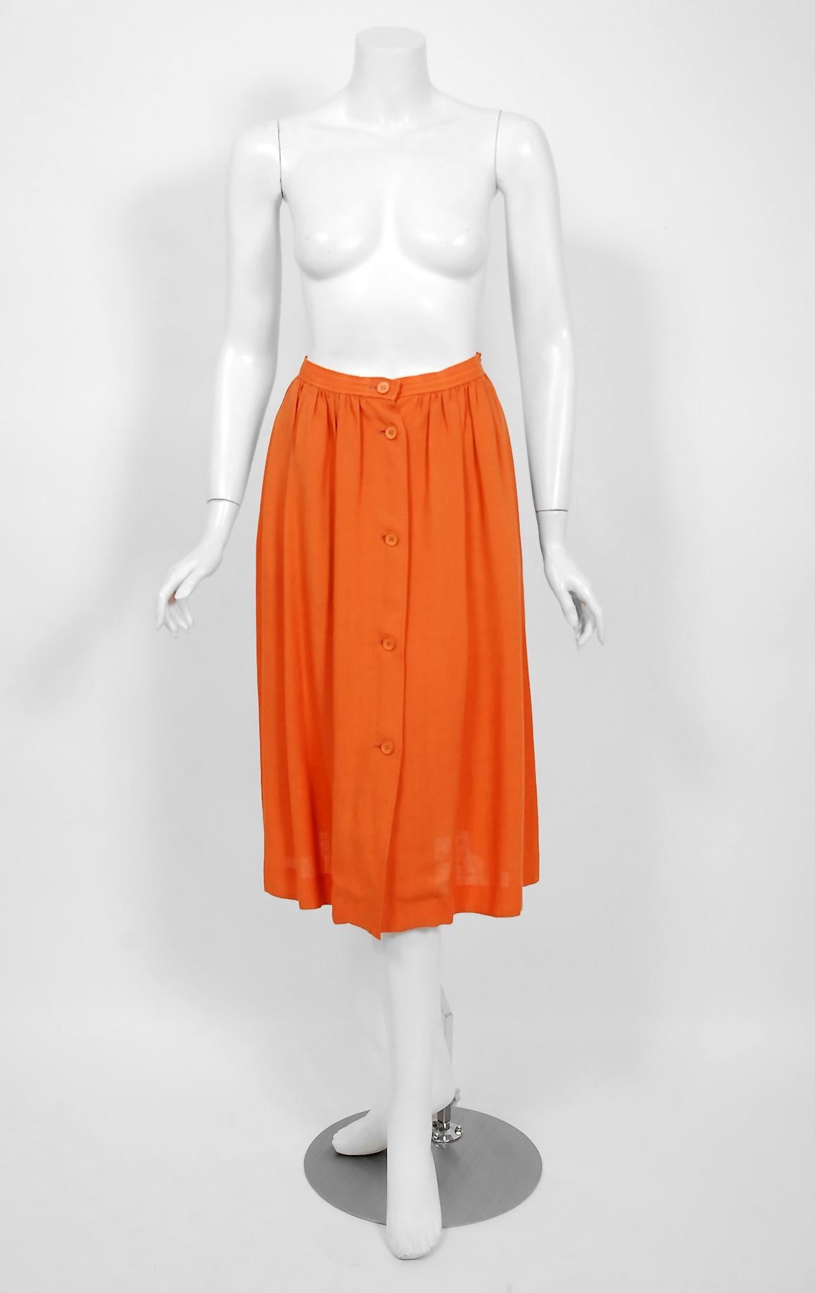 1978 Yves Saint Laurent Orange Linen Puff-Sleeve Blouse & Button Down Skirt Set 1