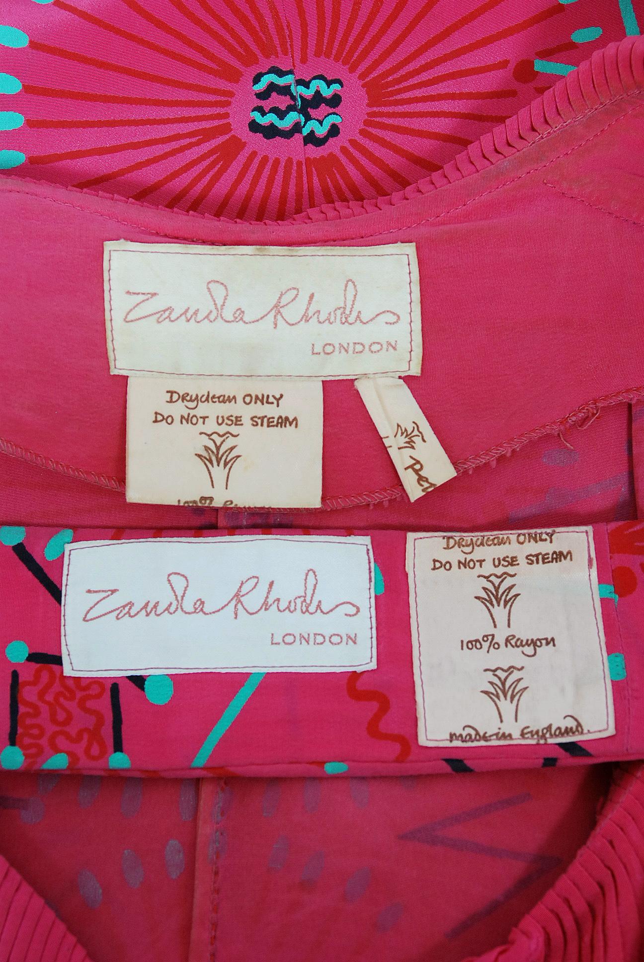 1976 Zandra Rhodes Mexican Turnaround Print Rayon Low-Cut Plunge Belted Dress 4