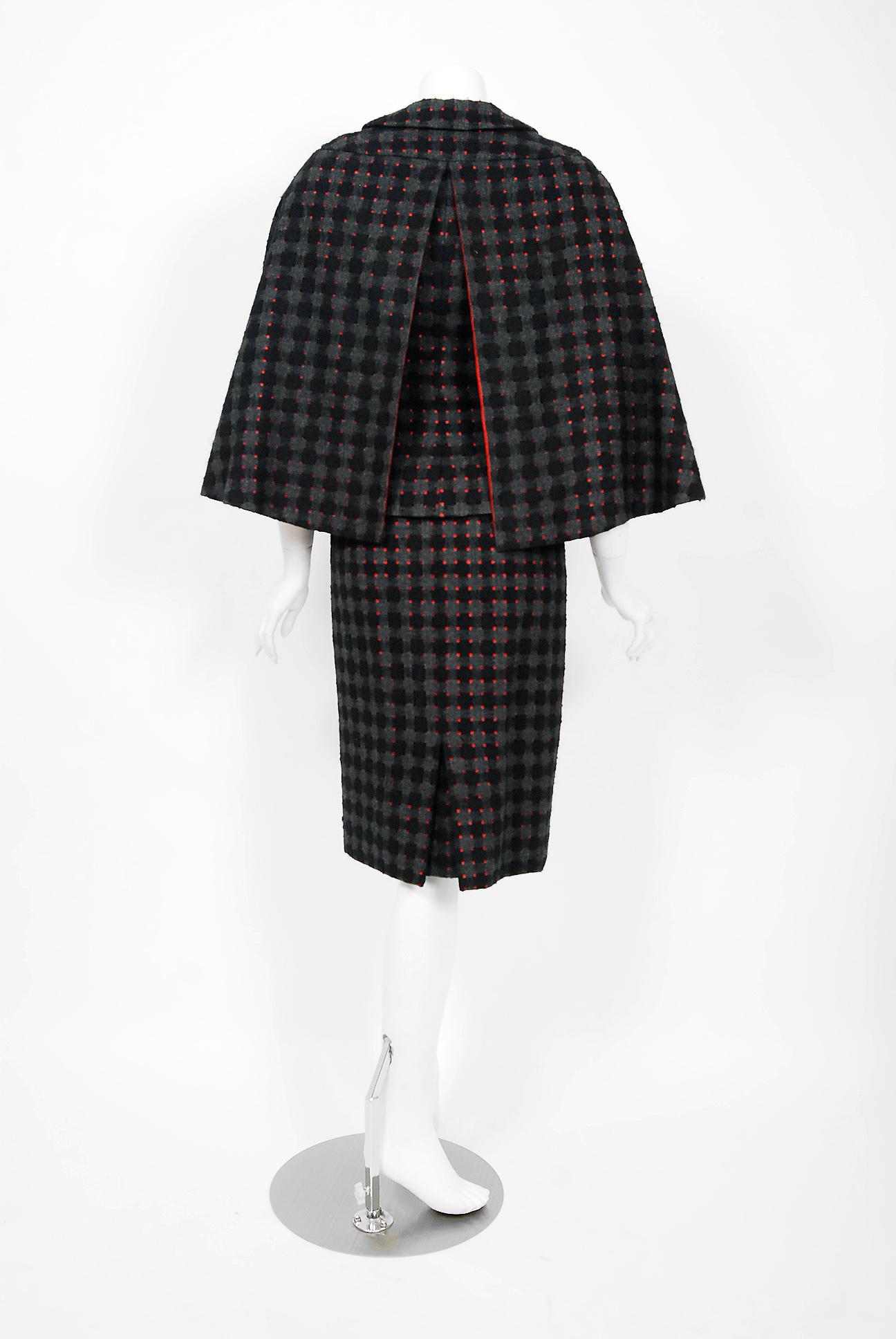 1940's Irene Lentz Couture Plaid Cut-Out Wool Winged Capelet Jacket & Skirt Suit 2