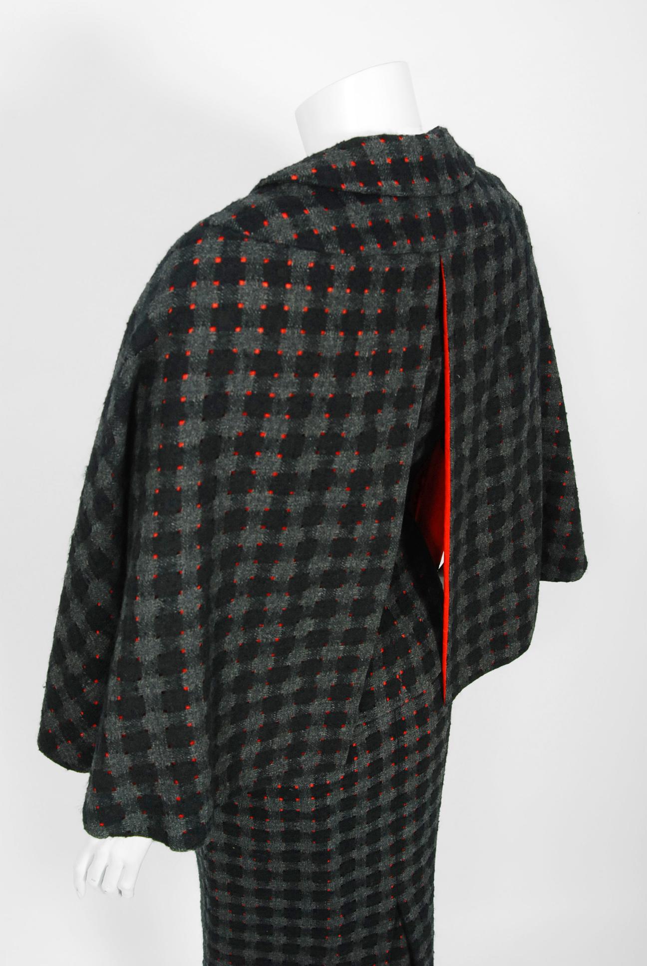 1940's Irene Lentz Couture Plaid Cut-Out Wool Winged Capelet Jacket & Skirt Suit 3