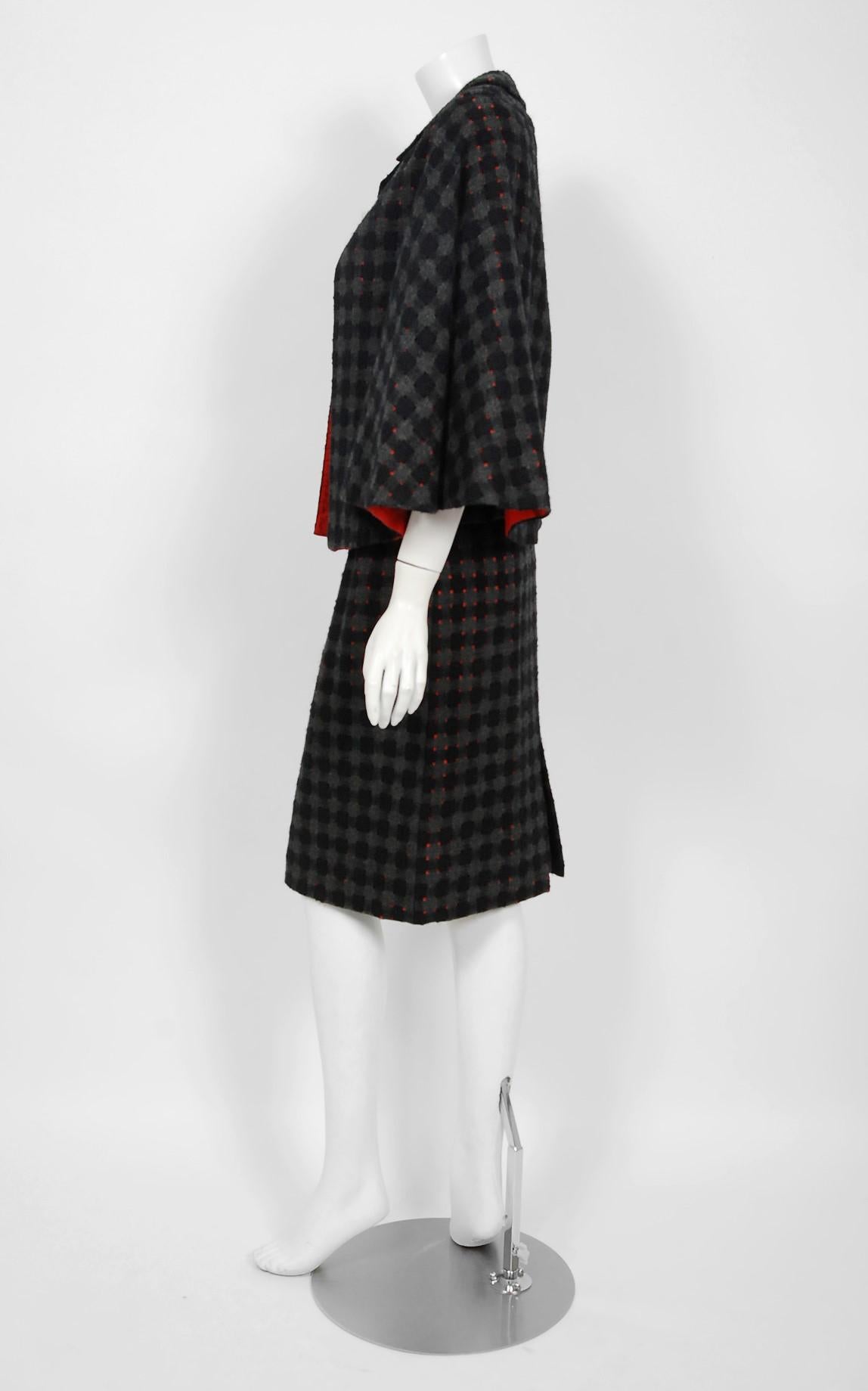 1940's Irene Lentz Couture Plaid Cut-Out Wool Winged Capelet Jacket & Skirt Suit 1