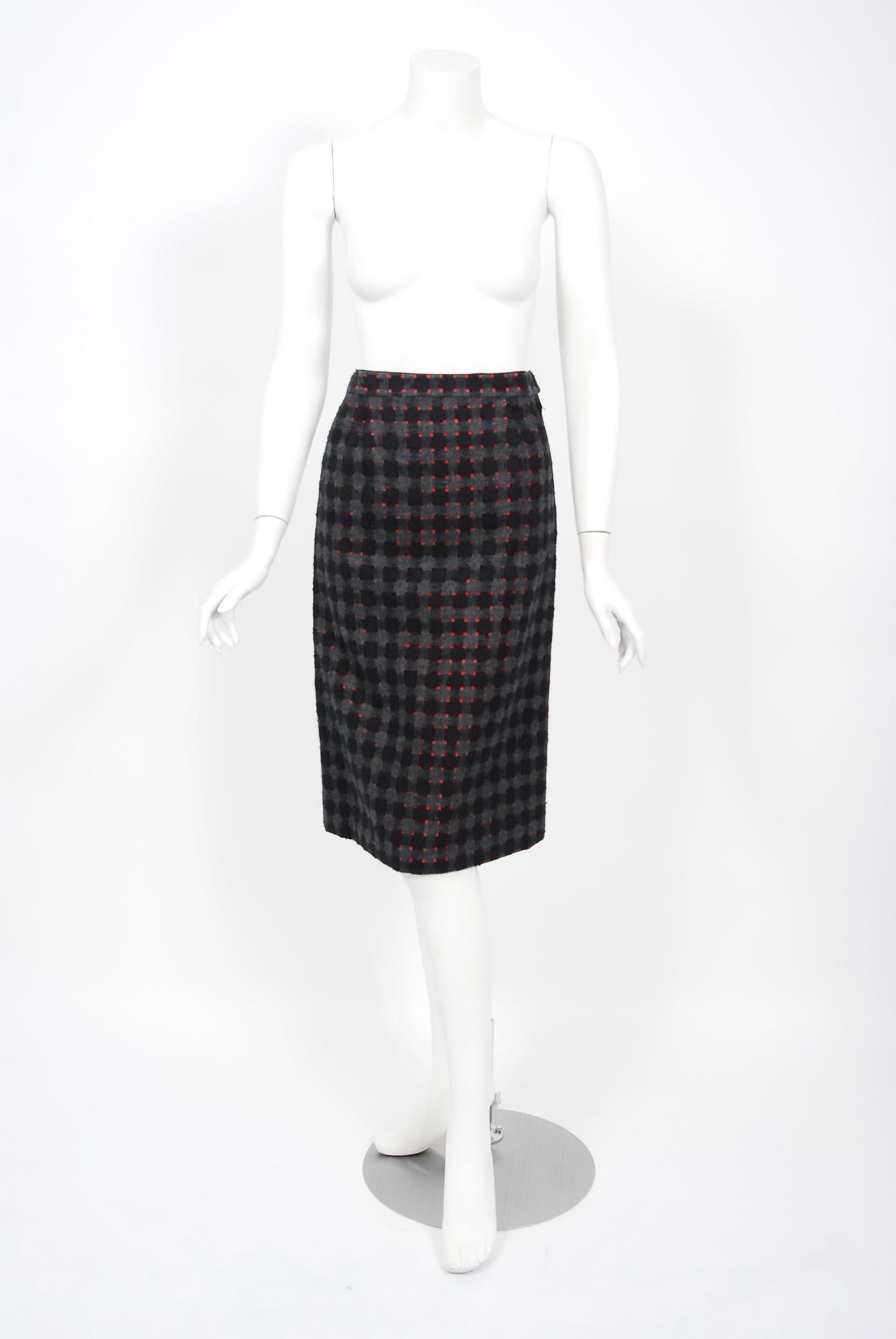1940's Irene Lentz Couture Plaid Cut-Out Wool Winged Capelet Jacket & Skirt Suit 4