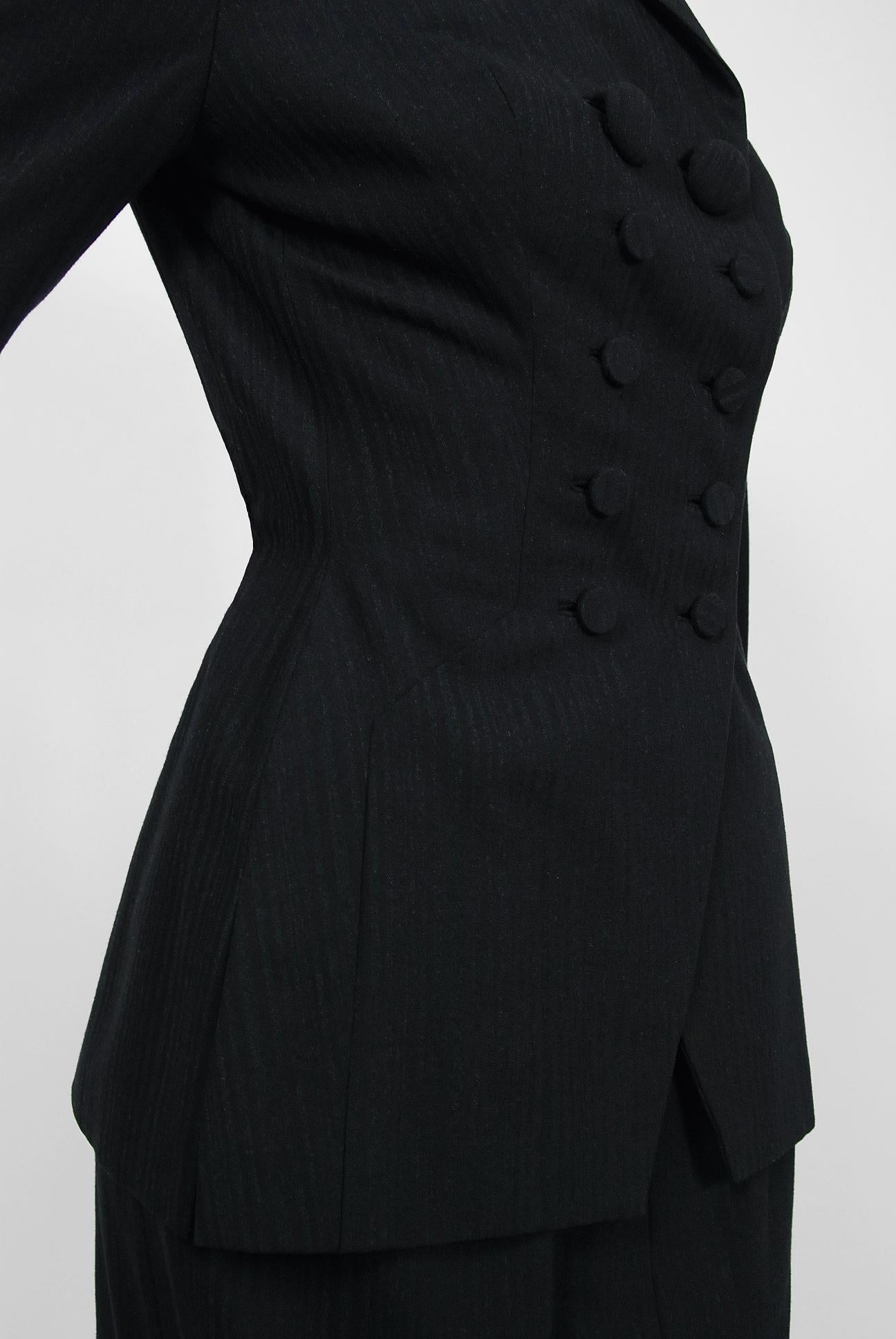 1940er Irene Lentz Couture Grauer doppelreihiger Gabardine-Anzug mit Nadelstreifen und Jacke 1