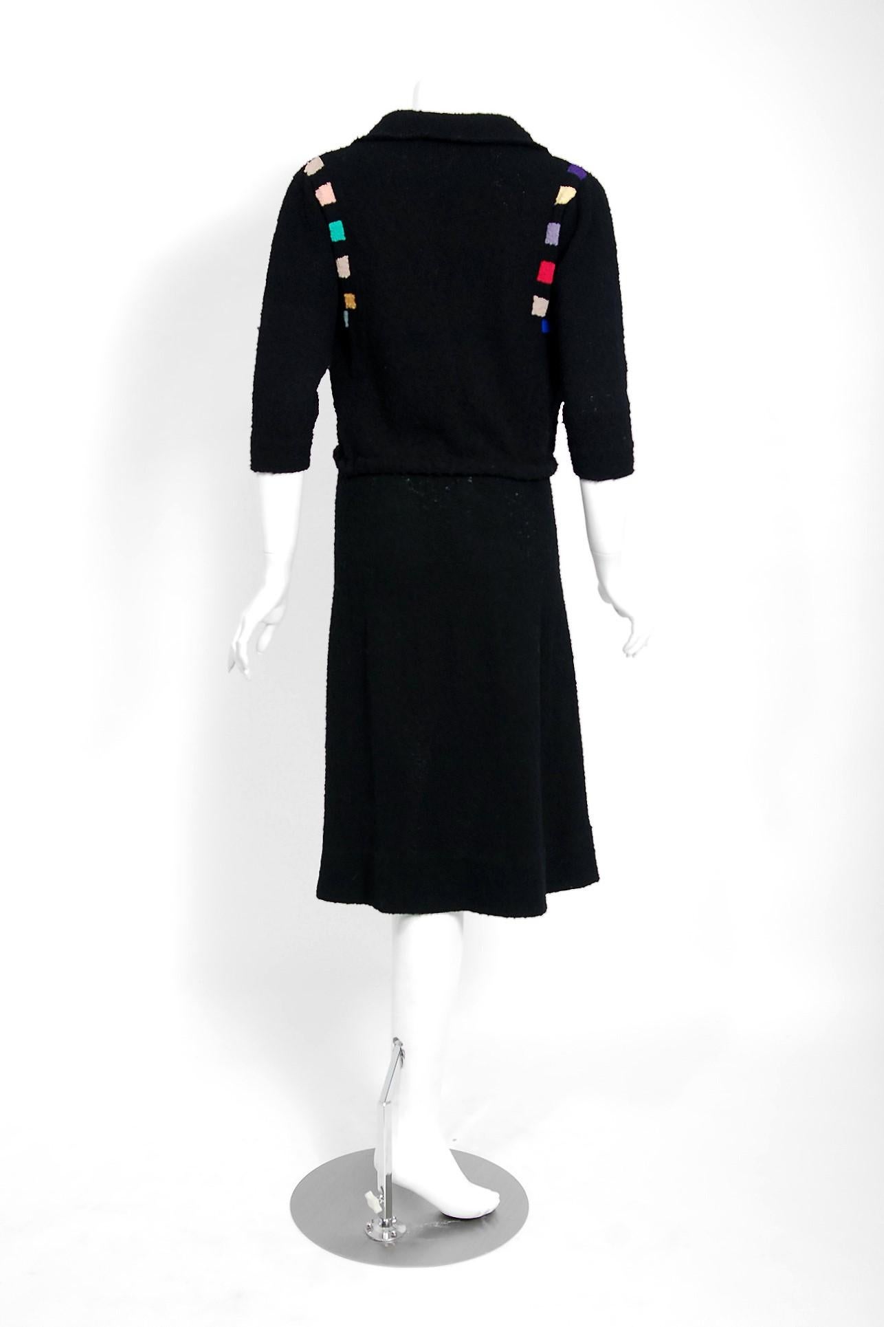 Vintage 1940's Rainbow Deco Square Black Boucle Wool-Knit Sweater Blouse & Skirt 2