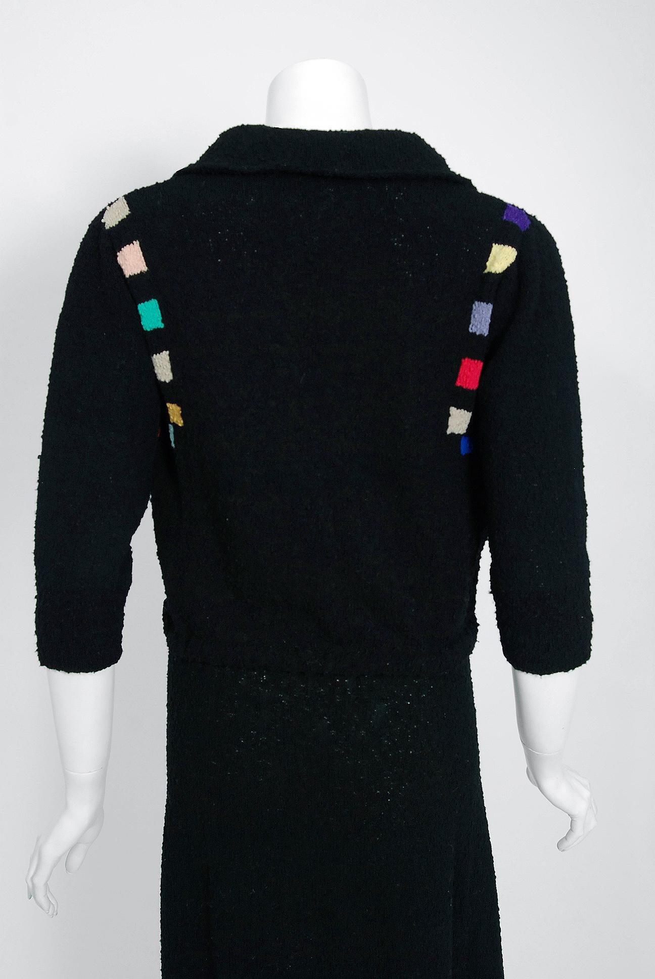 Vintage 1940's Rainbow Deco Square Black Boucle Wool-Knit Sweater Blouse & Skirt 3