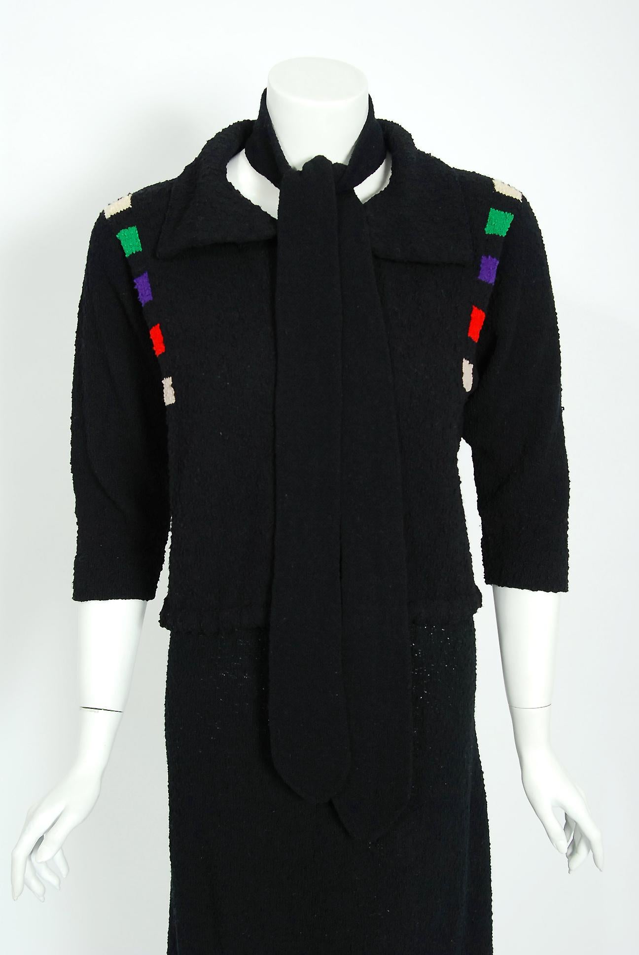 Women's Vintage 1940's Rainbow Deco Square Black Boucle Wool-Knit Sweater Blouse & Skirt