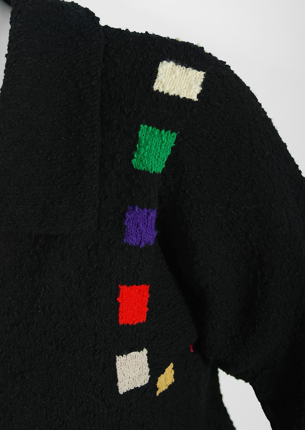Vintage 1940's Rainbow Deco Square Black Boucle Wool-Knit Sweater Blouse & Skirt (Schwarz)