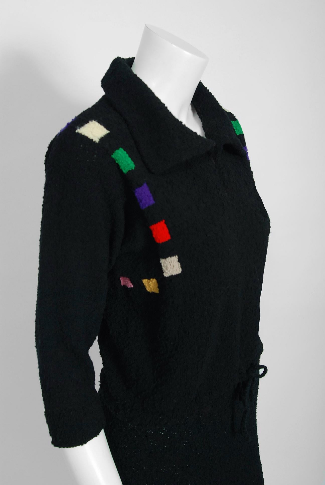 Vintage 1940's Rainbow Deco Square Black Boucle Wool-Knit Sweater Blouse & Skirt In Good Condition In Beverly Hills, CA
