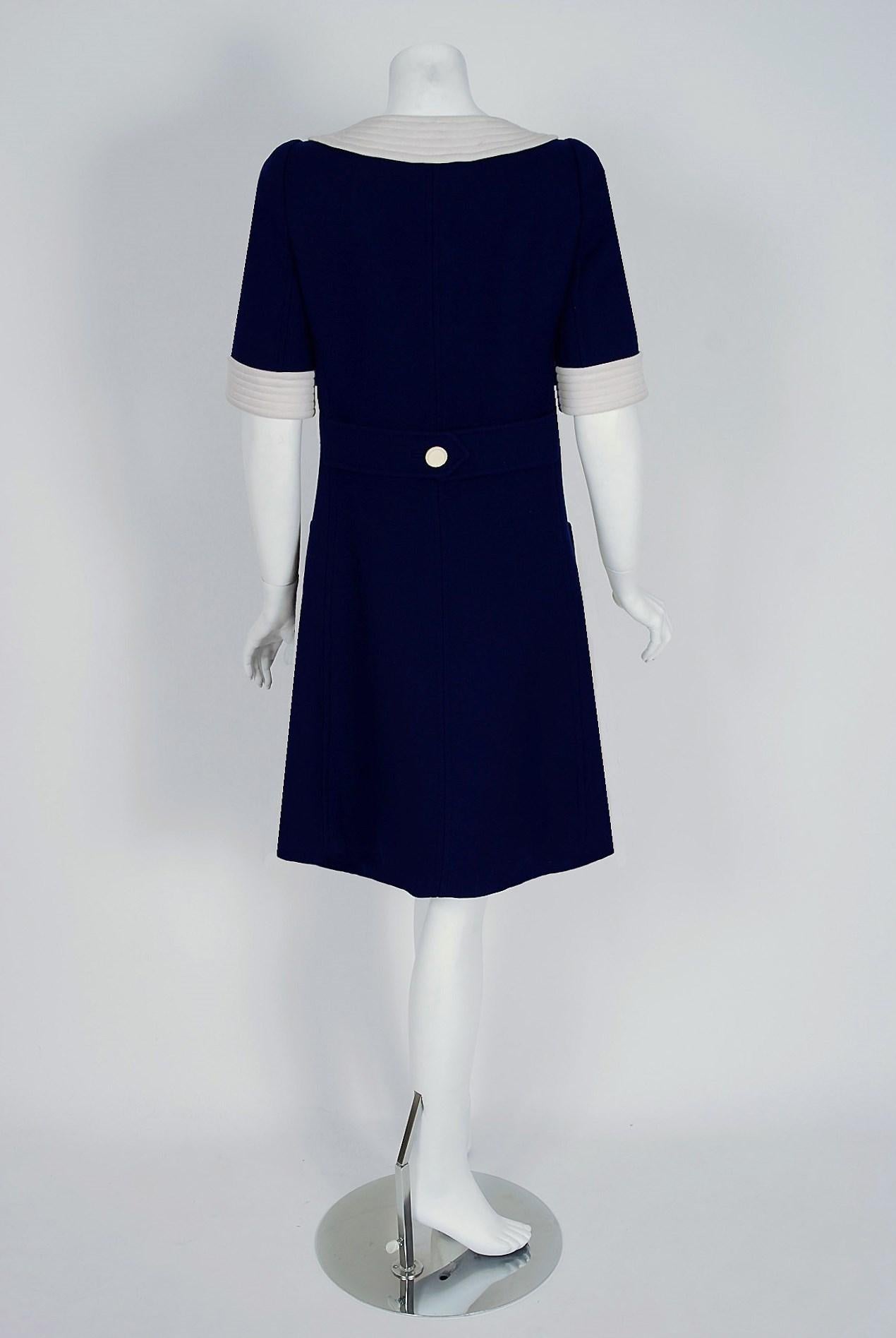 Black Vintage 1967 Courreges Couture Navy & White Wool Block Color Mod Space-Age Dress