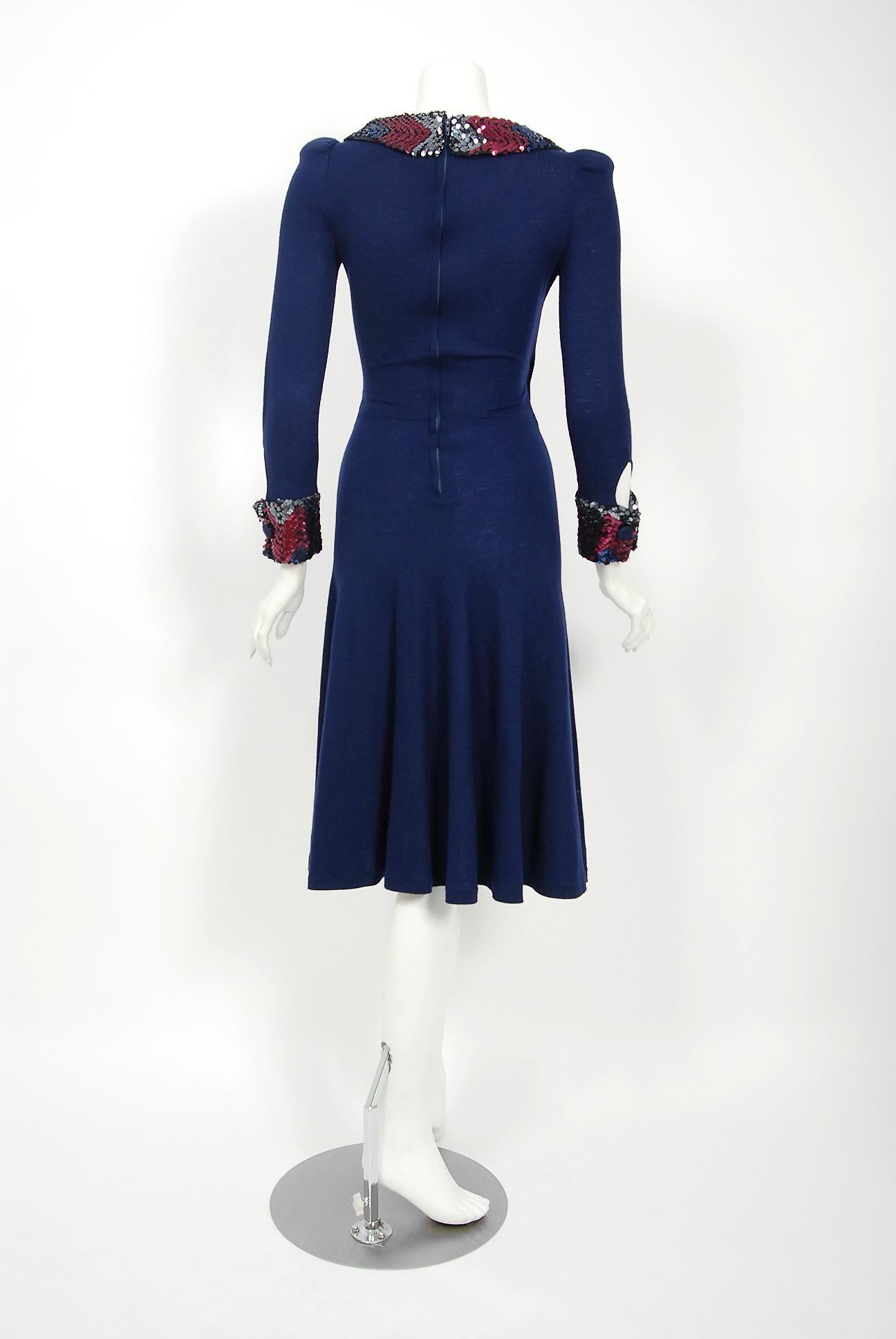 1970's Biba London Sequin Navy Blue Wool Puff-Shoulder Plunge Collar Cuff Dress 2