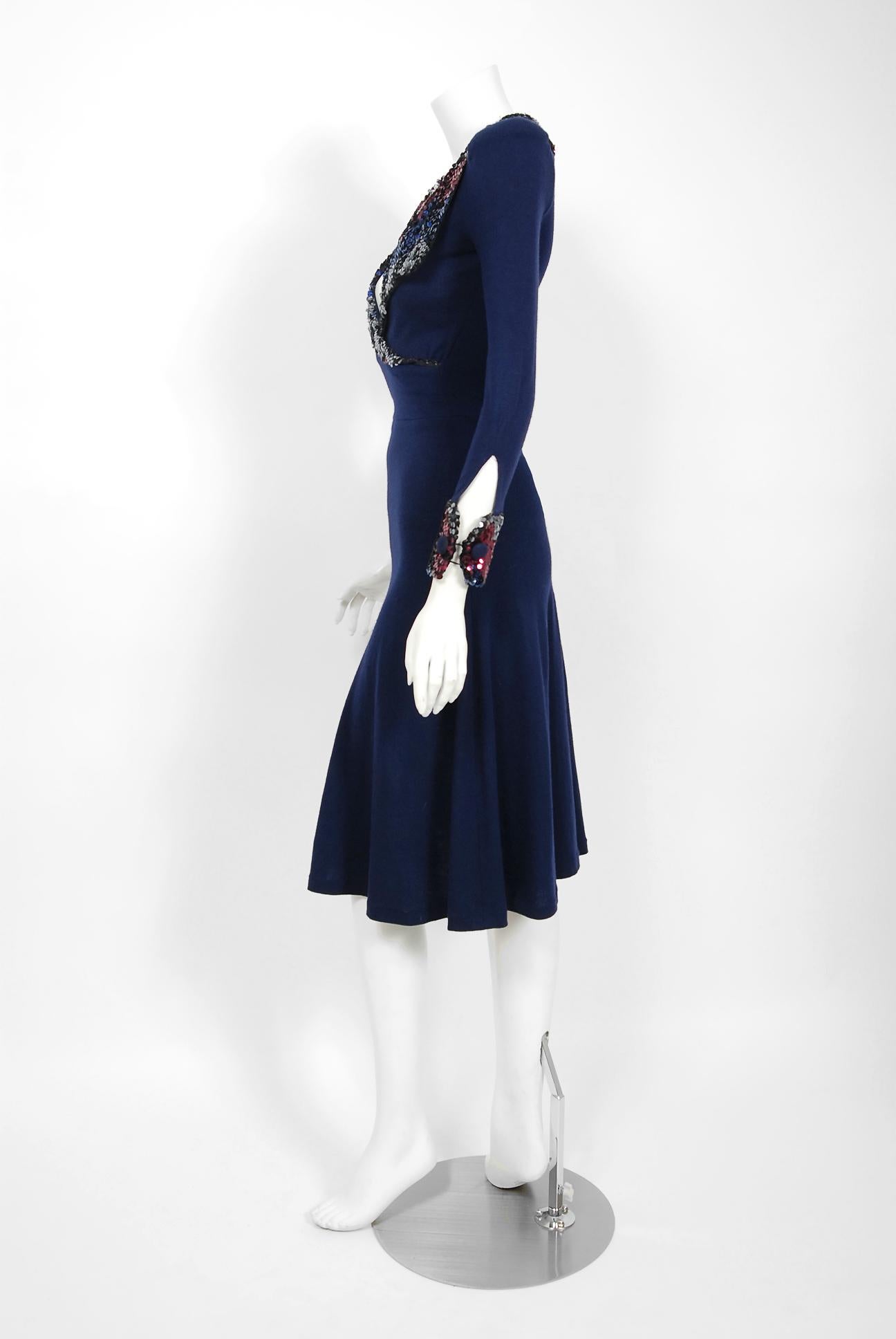 Women's 1970's Biba London Sequin Navy Blue Wool Puff-Shoulder Plunge Collar Cuff Dress