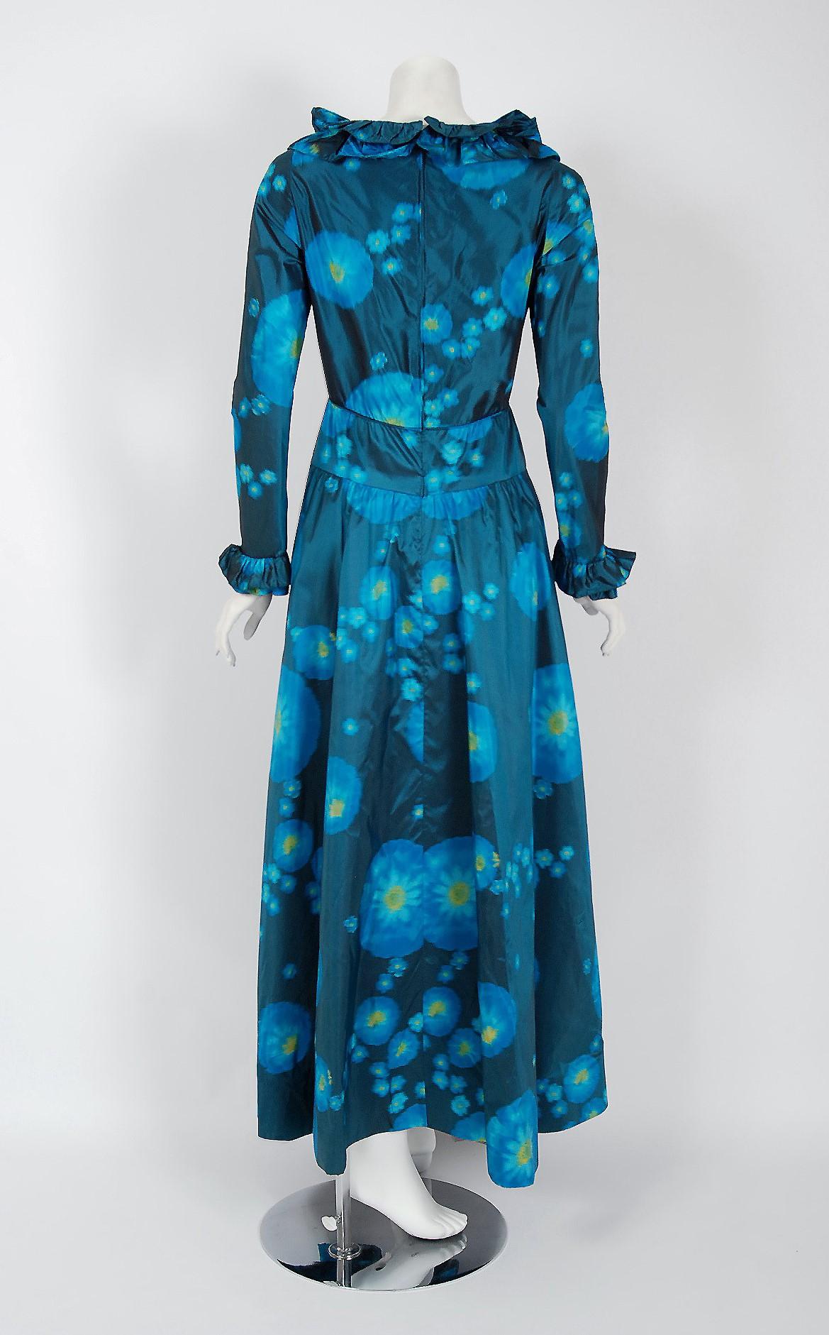 Women's Vintage 1966 Arnold Scaasi Couture Watercolor Blue Floral Silk Long-Sleeve Gown
