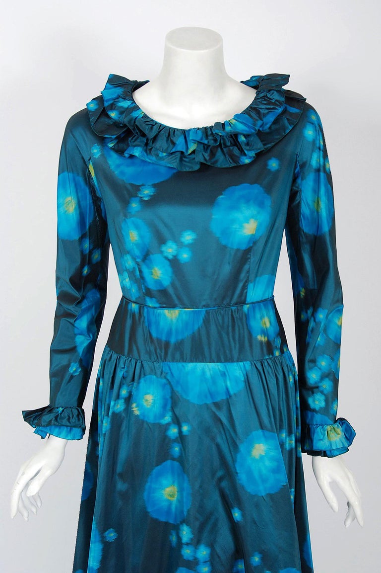 Vintage 1966 Arnold Scaasi Couture Watercolor Blue Floral Silk Long
