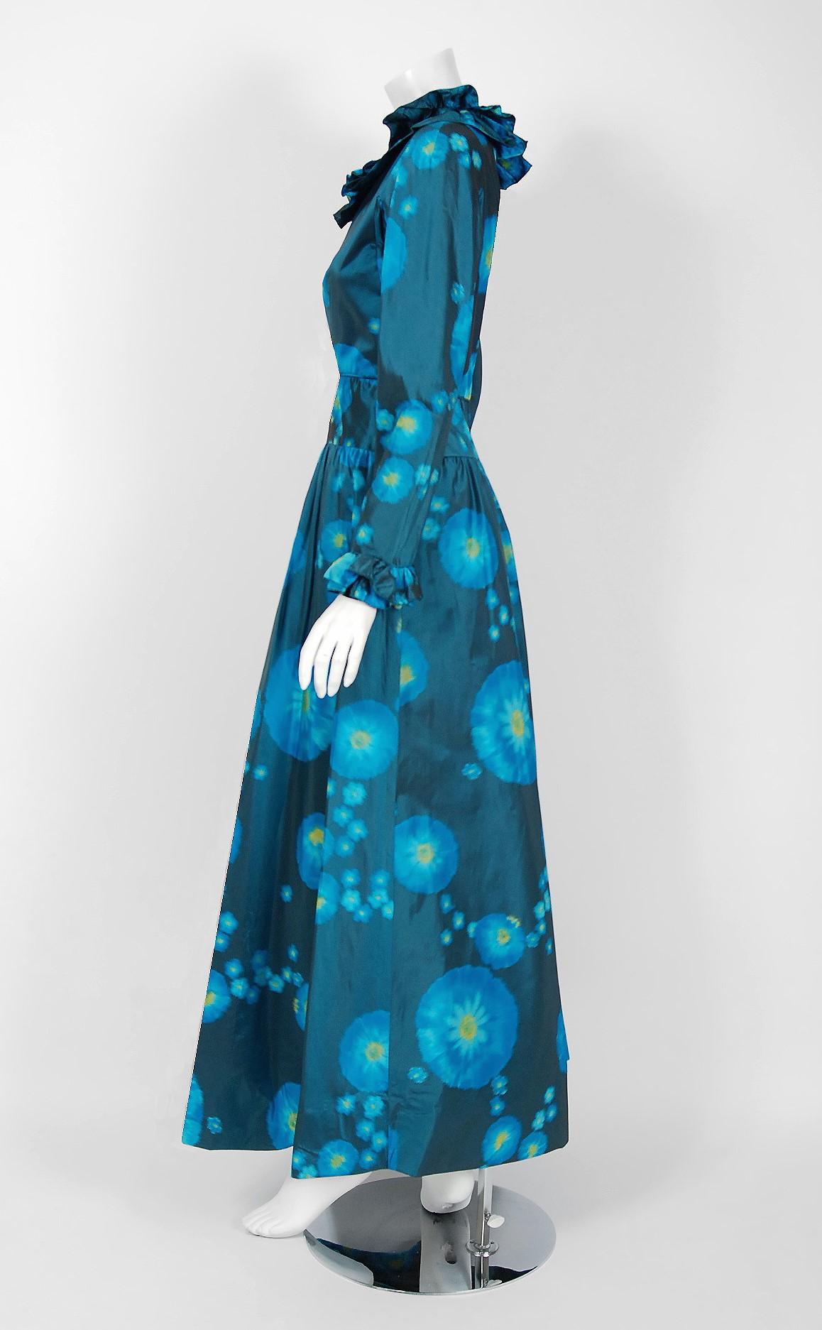 Vintage 1966 Arnold Scaasi Couture Watercolor Blue Floral Silk Long-Sleeve Gown In Good Condition In Beverly Hills, CA