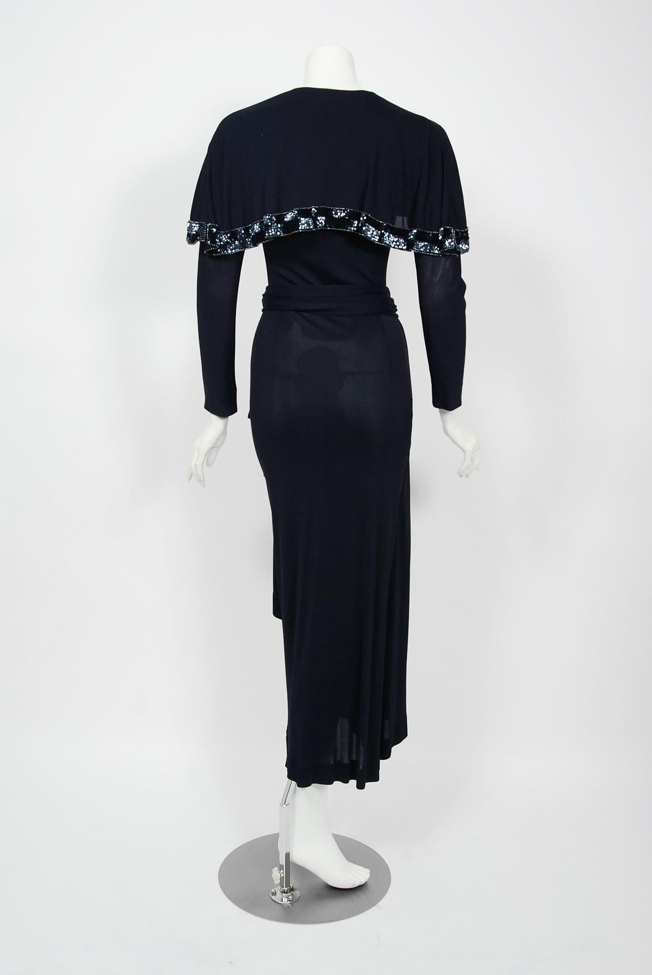 Women's Vintage 1970's Jean Muir Beaded Sequin Navy Jersey Capelet Plunge Dress w/Tags For Sale