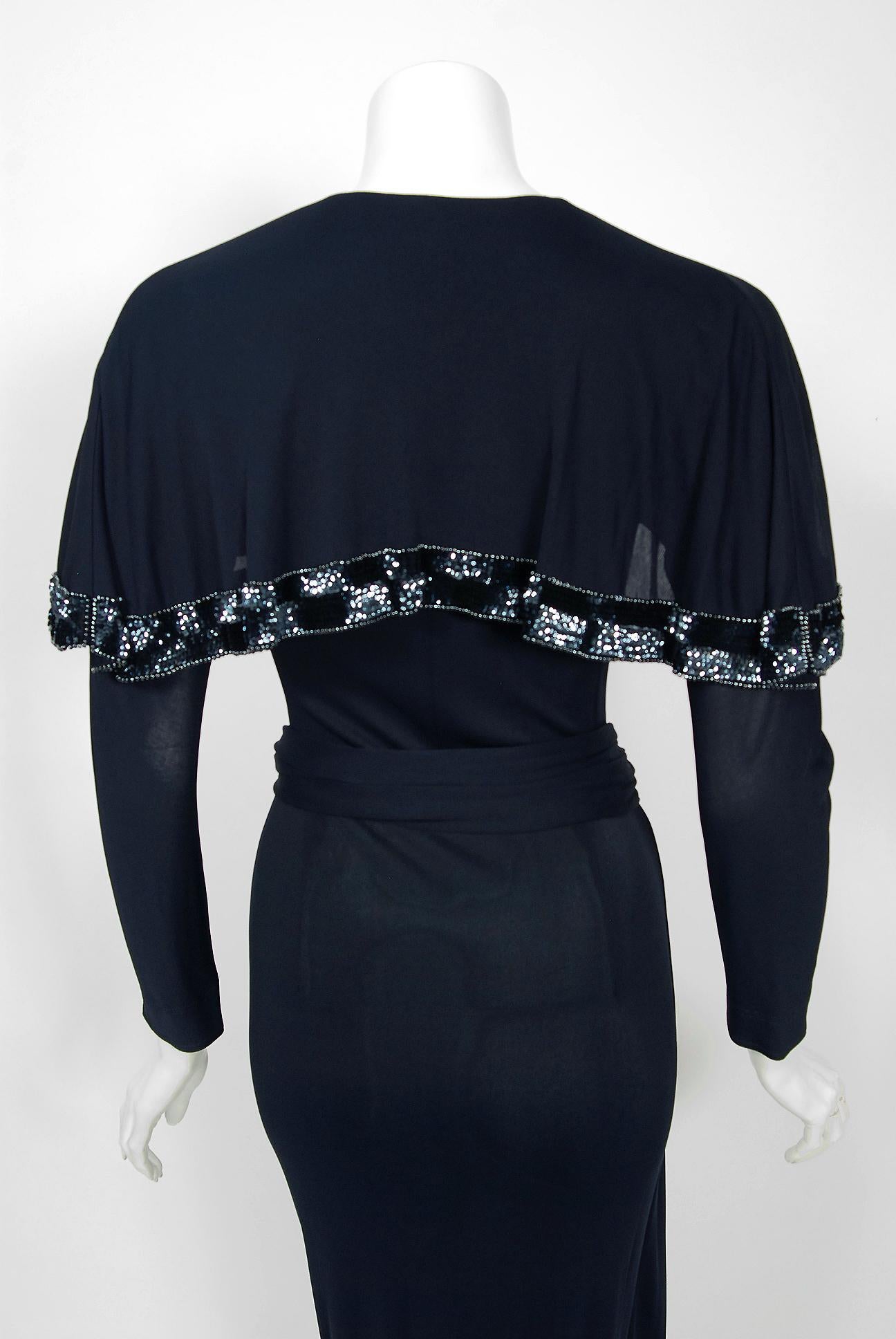 Vintage 1970's Jean Muir Beaded Sequin Navy Jersey Capelet Plunge Dress w/Tags For Sale 1